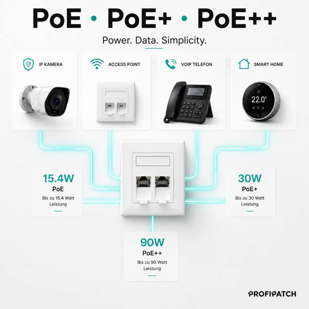Infografik zeigt PoE, PoE+ und PoE++ Netzwerk-Stromoptionen, die eine IP-Kamera, einen Zugangspunkt, ein VoIP-Telefon und ein Smart-Home-Gerät mit 15,4 W, 30 W und 90 W Leistungsabgabe versorgen.