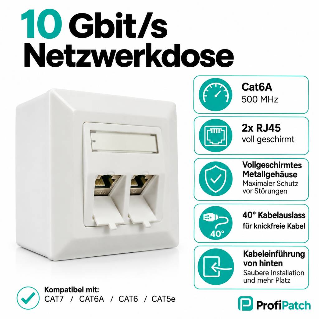 10 Gbit/s Netzwerk-Wandsteckdose mit zwei RJ45-Anschlüssen; bietet Cat6A 500 MHz, abgeschirmtes Metallgehäuse, 40°-Kabelauslass, rückseitige Kabeleinführung, kompatibel mit CAT7/CAT6A/CAT6/CAT5e.