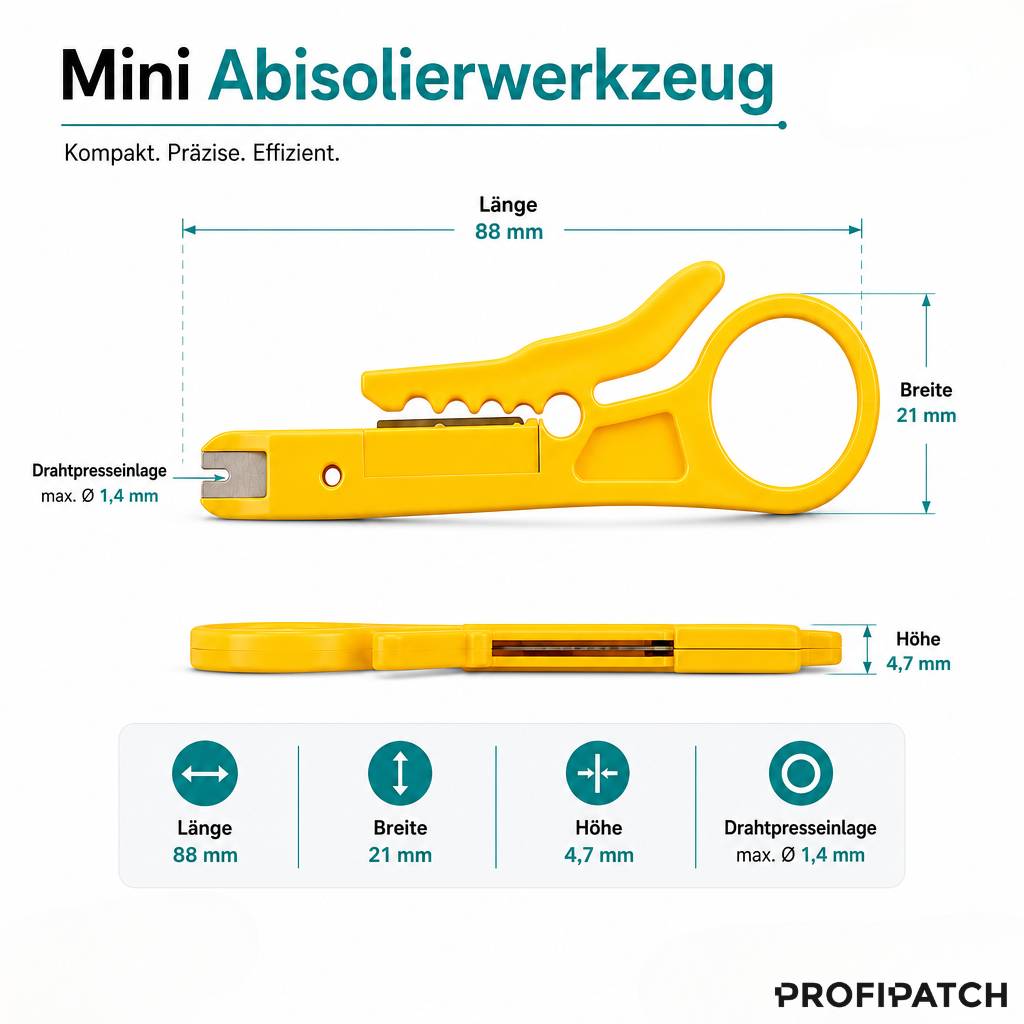 Produktgrafik eines gelben Mini-Abisolierwerkzeugs mit der Bezeichnung 