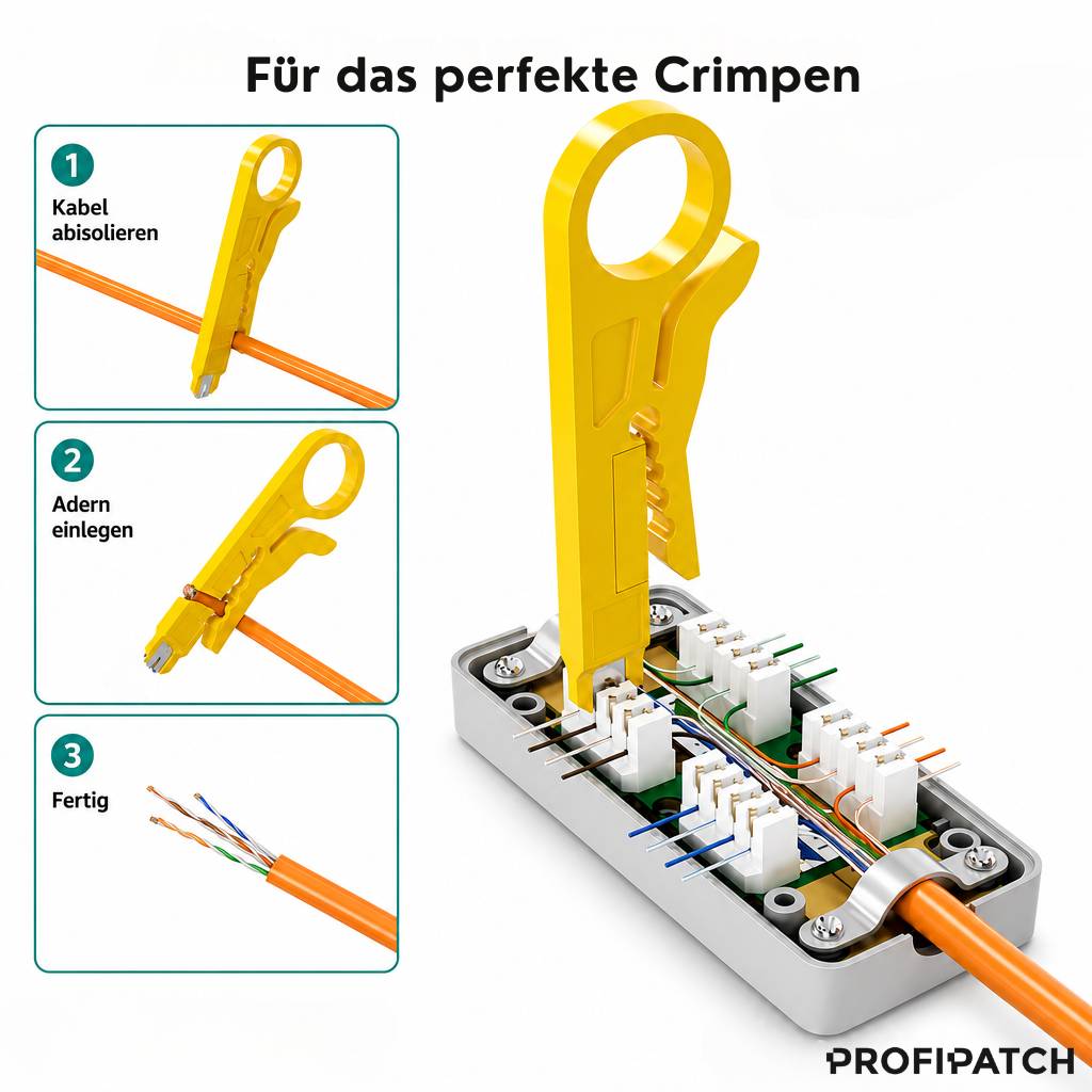 Anleitungsgrafik zeigt ein gelbes Kabelkrimm-Werkzeug. Linke Paneele mit Beschriftung '1 Kabel abisolieren', '2 Adern einlegen', '3 Fertig'; rechts zeigt das Werkzeug, wie es ein orangefarbenes Kabel in einem Stecker krimmt.