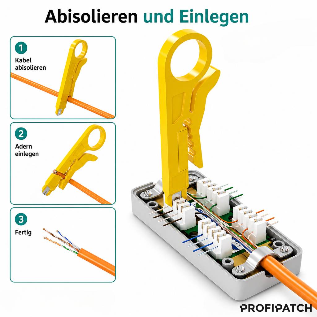 Illustration zeigt das Abisolieren von Kabeln und das Einführen von Drähten in einen Netzwerkstecker; linke Bereiche zeigen die Schritte 1-3, rechts ist das Werkzeug auf einem Ethernet-Kabel installiert.