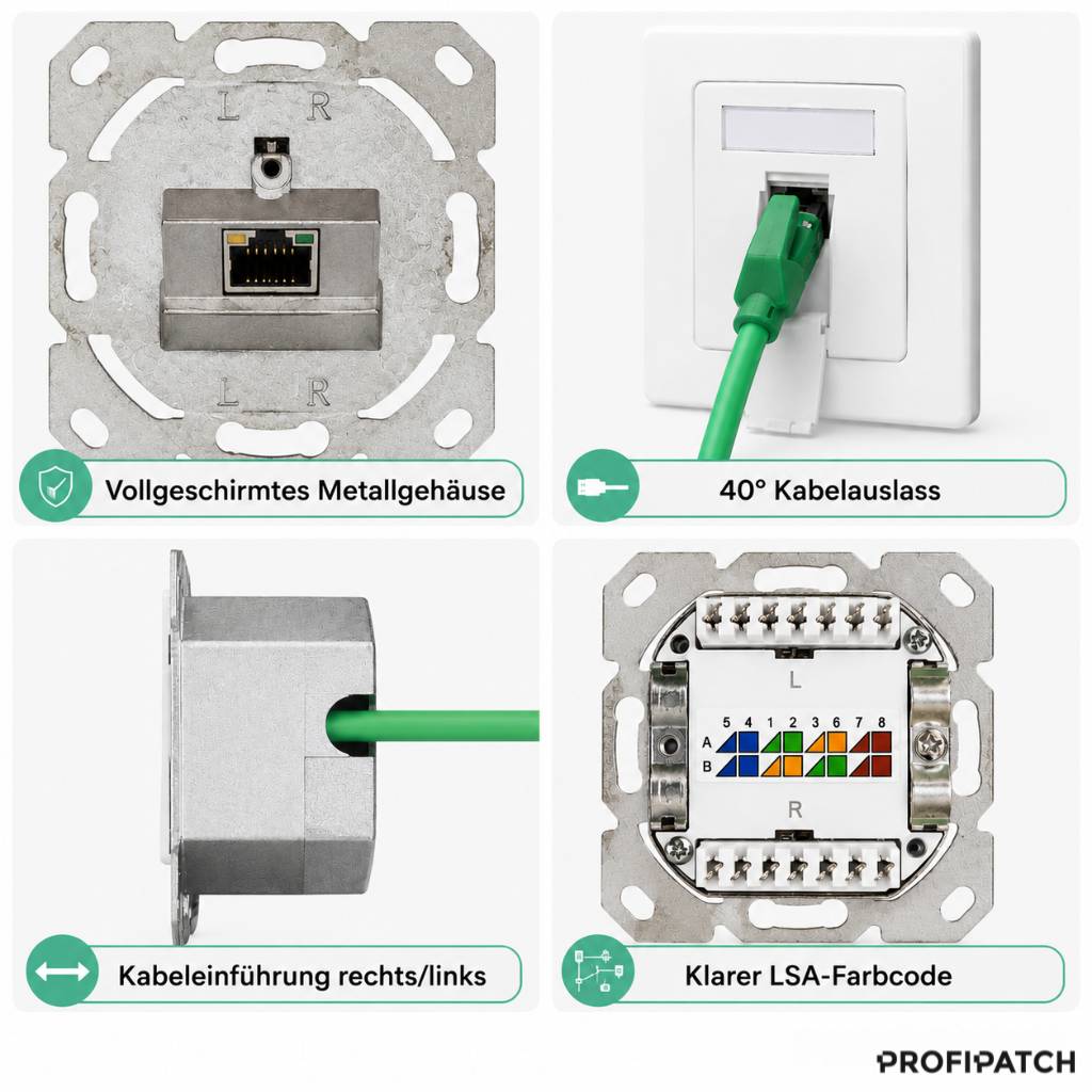Vierteiliges Produktbild einer Ethernet-Wanddose mit abgeschirmtem Metallgehäuse, 40°-Kabelaustritt, links/rechts Kabeleingang und LSA-Farbcodierter Verdrahtungsanleitung.