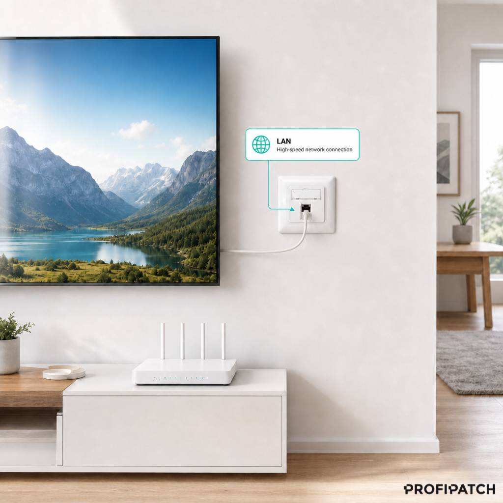 Wandmontierter Fernseher und Router, verbunden mit einem LAN-Anschluss, mit einer Überlagerungsbeschriftung, die „LAN