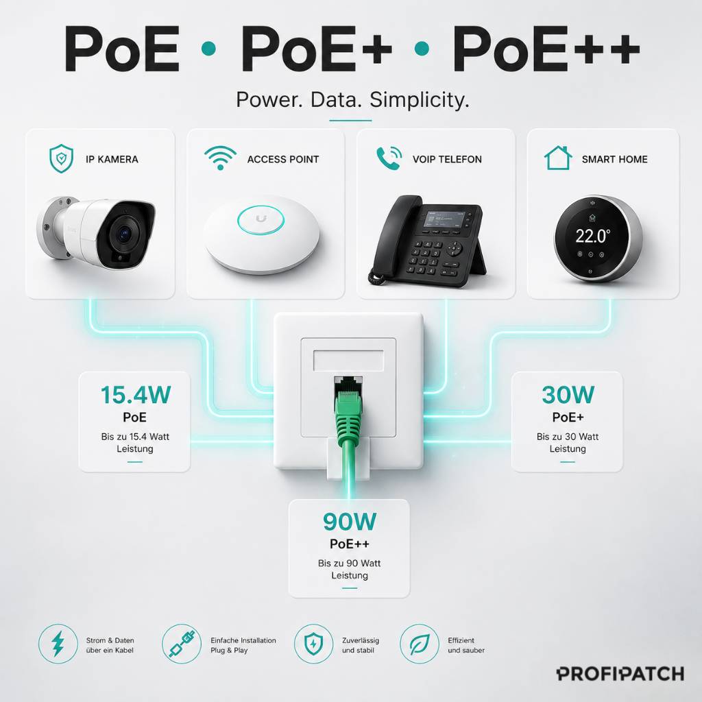 Infografik zum Vergleich von PoE, PoE+ und PoE++; zeigt Leistungsstufen von 15,4W, 30W und 90W für IP-Kameras, Zugriffspunkte, VoIP-Telefone und Smart-Home-Geräte.