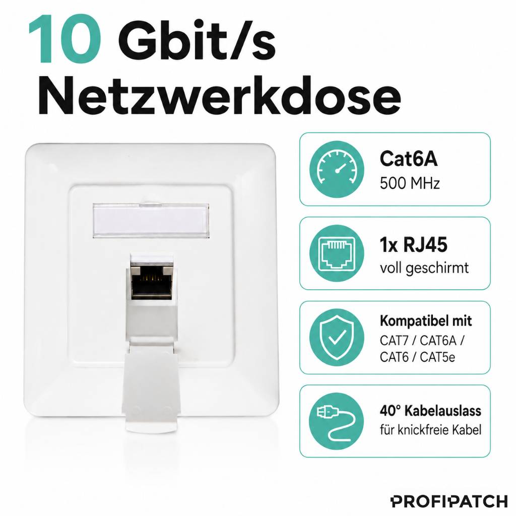 Produktgrafik einer 10-Gbit/s-Netzwerksteckdose mit Cat6A-RJ45-Wandauslass, kompatibel mit CAT7/CAT6A/CAT6/CAT5e, 40°-Kabelausgang für knickfreie Kabel.