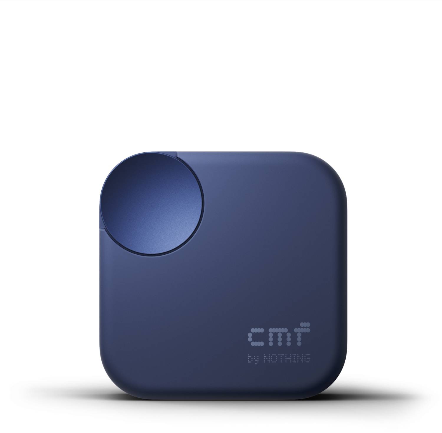 Ein kompaktes, marineblau-farbenes quadratisches Gerät mit einer kreisförmigen Aussparung in der oberen linken Ecke. Der Text lautet „CMF by NOTHING