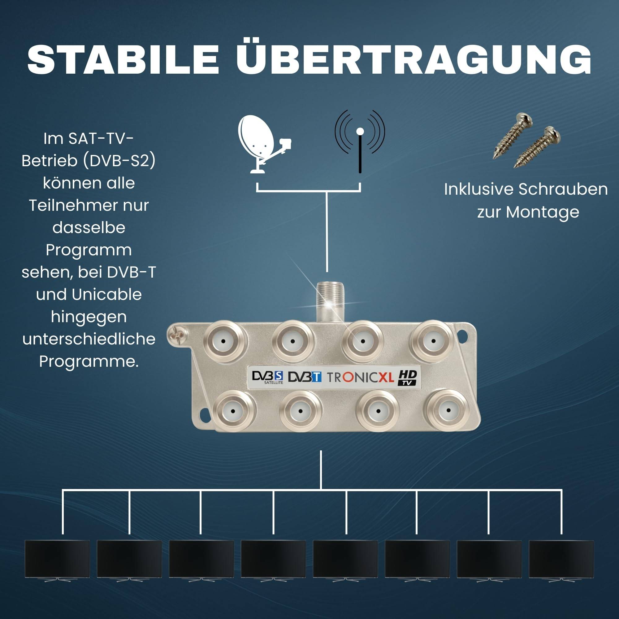8-fach Sat Splitter 160dB Verstärker Antennenverteiler Weiche DVB-S2 DVB-T2 Antennenverstärker