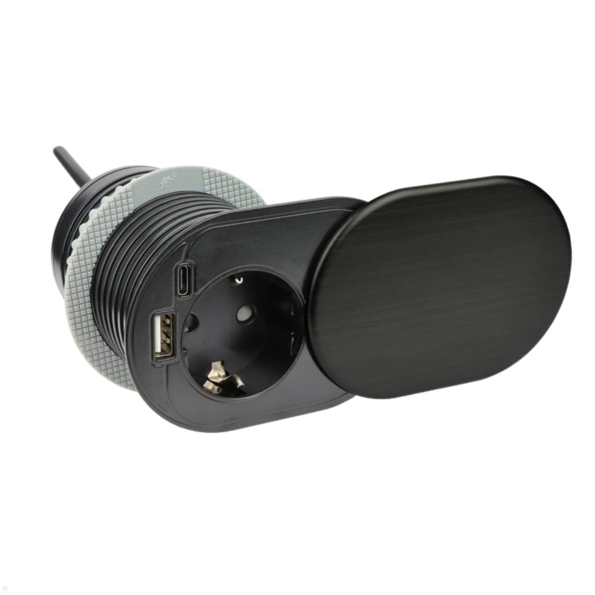 TecLines TES020B Einbausteckdose oval mit USB Charger A/C, 1,9m Kabel, schwarz