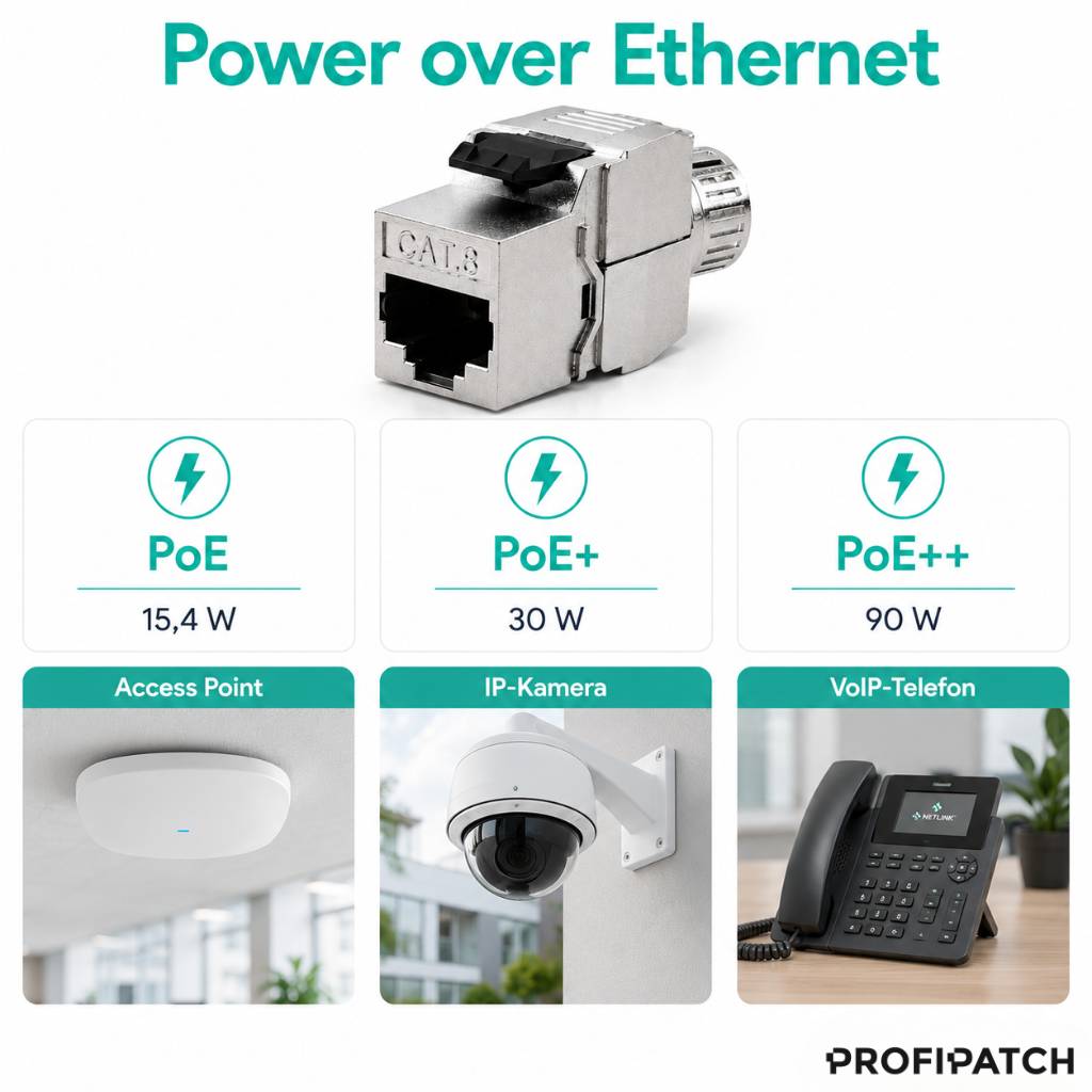 Infografik mit dem Titel „Power over Ethernet" zeigt einen RJ45-Stecker und drei PoE-Stufen: PoE 15,4 W, PoE+ 30 W, PoE++ 90 W, mit Beispielen für Access Point, IP-Kamera und VoIP-Telefon.