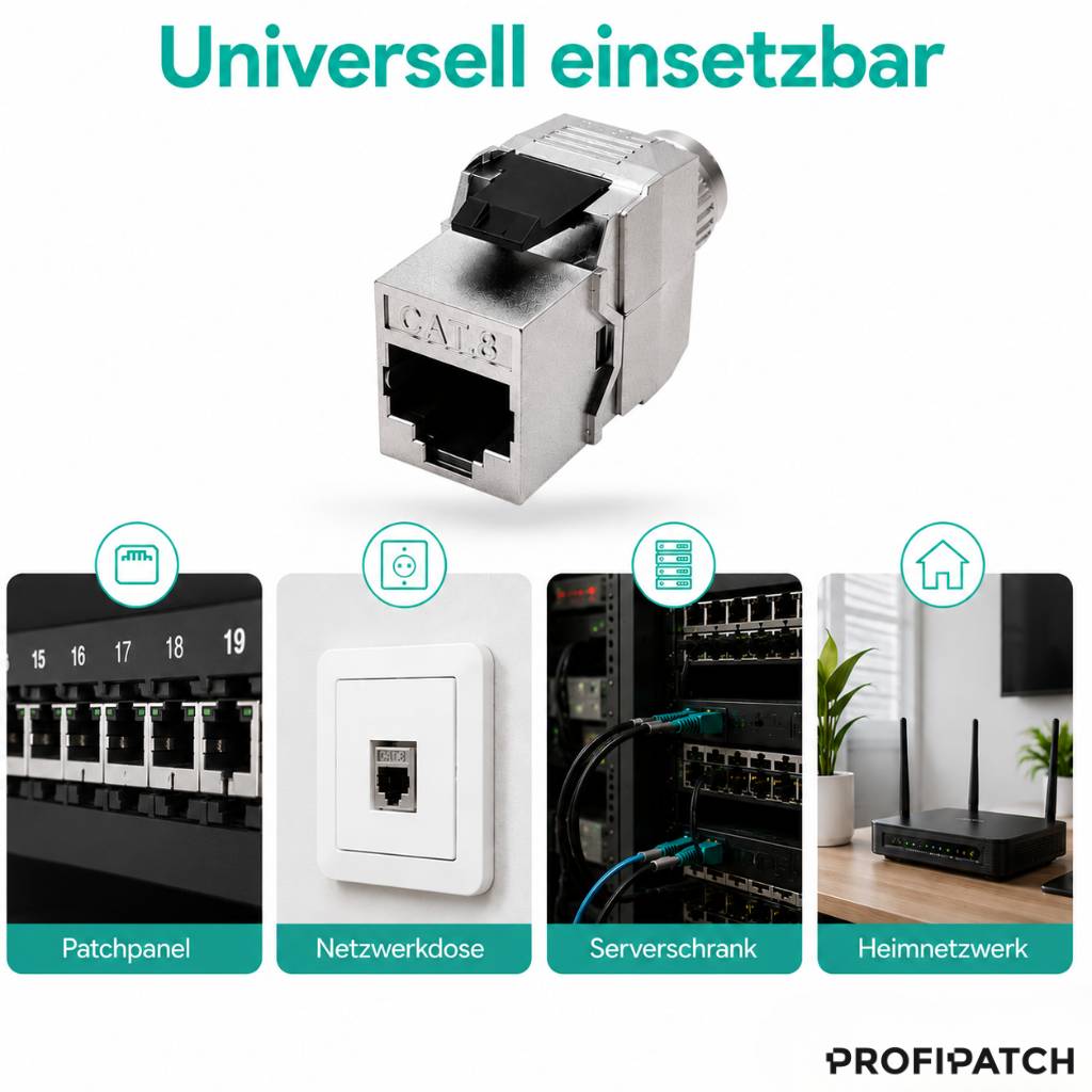 ProfiPatch Keystone RJ45 Jack Modul Cat8 Buchse 40 Gigabit STP Netzwerk Adapter LAN für Patchpanel, Netzwerkdose, Verlegekabel