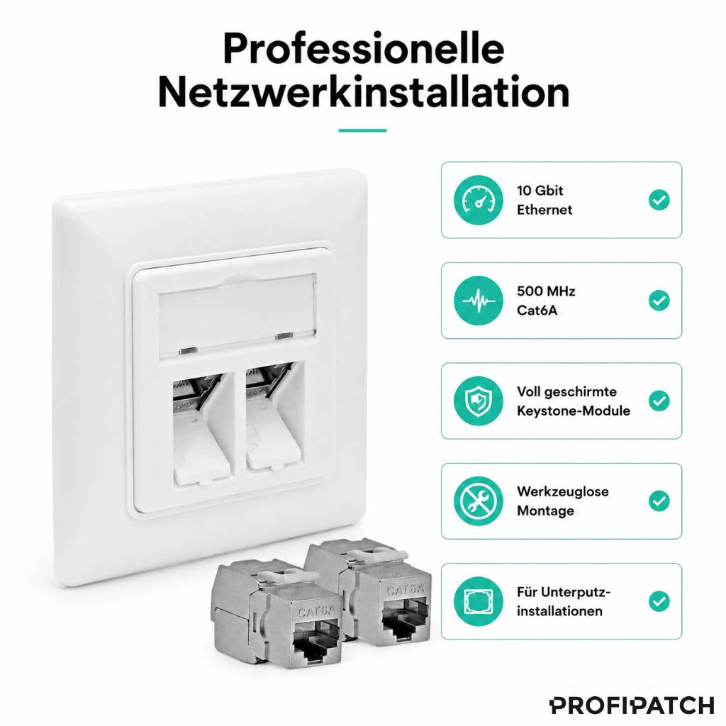 ProfiPatch Keystone Netzwerkdose LAN Dose Cat6A 500MHz Unterputz 2x RJ45 Port Anschluss POE CAT7,CAT6A,CAT6,CAT5 geschirmt weiß