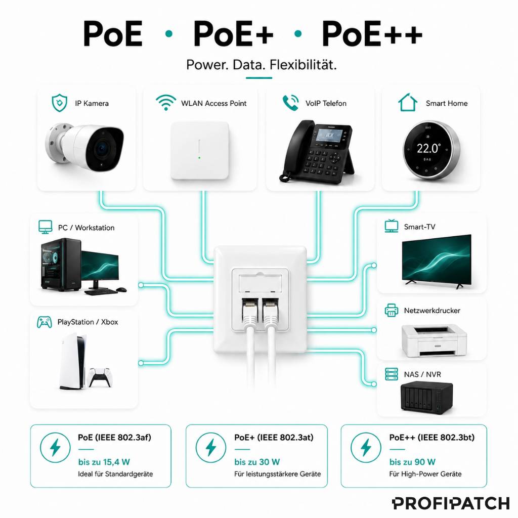 Infografik zeigt PoE-, PoE+- und PoE++-Netzwerkstromstandards, die eine Ethernet-Wandsteckdose mit Geräten wie Kamera, WLAN-Zugangspunkt, Telefon, Smart Home, PC, Fernseher, Drucker und NAS verbinden.