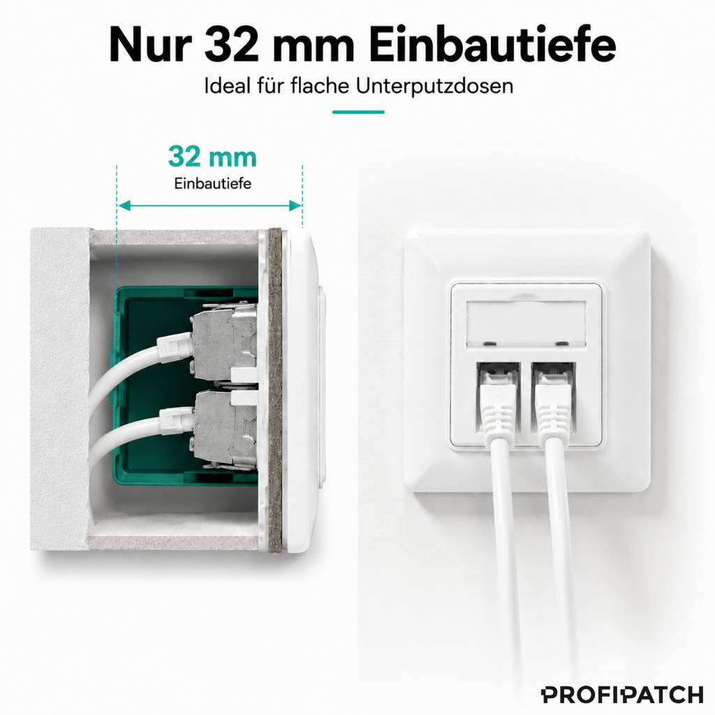 ProfiPatch Keystone Netzwerkdose LAN Dose Cat6A 500MHz Unterputz 2x RJ45 Port Anschluss POE CAT7,CAT6A,CAT6,CAT5 geschirmt weiß
