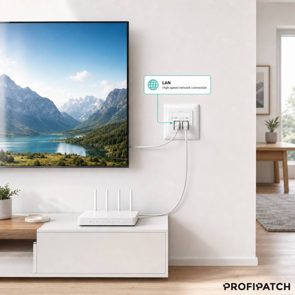 Wandmontierte LAN-Buchse verbindet einen Router mit einem Fernseher in einem modernen Wohnzimmer und zeigt „Hochgeschwindigkeits-Netzwerkverbindung