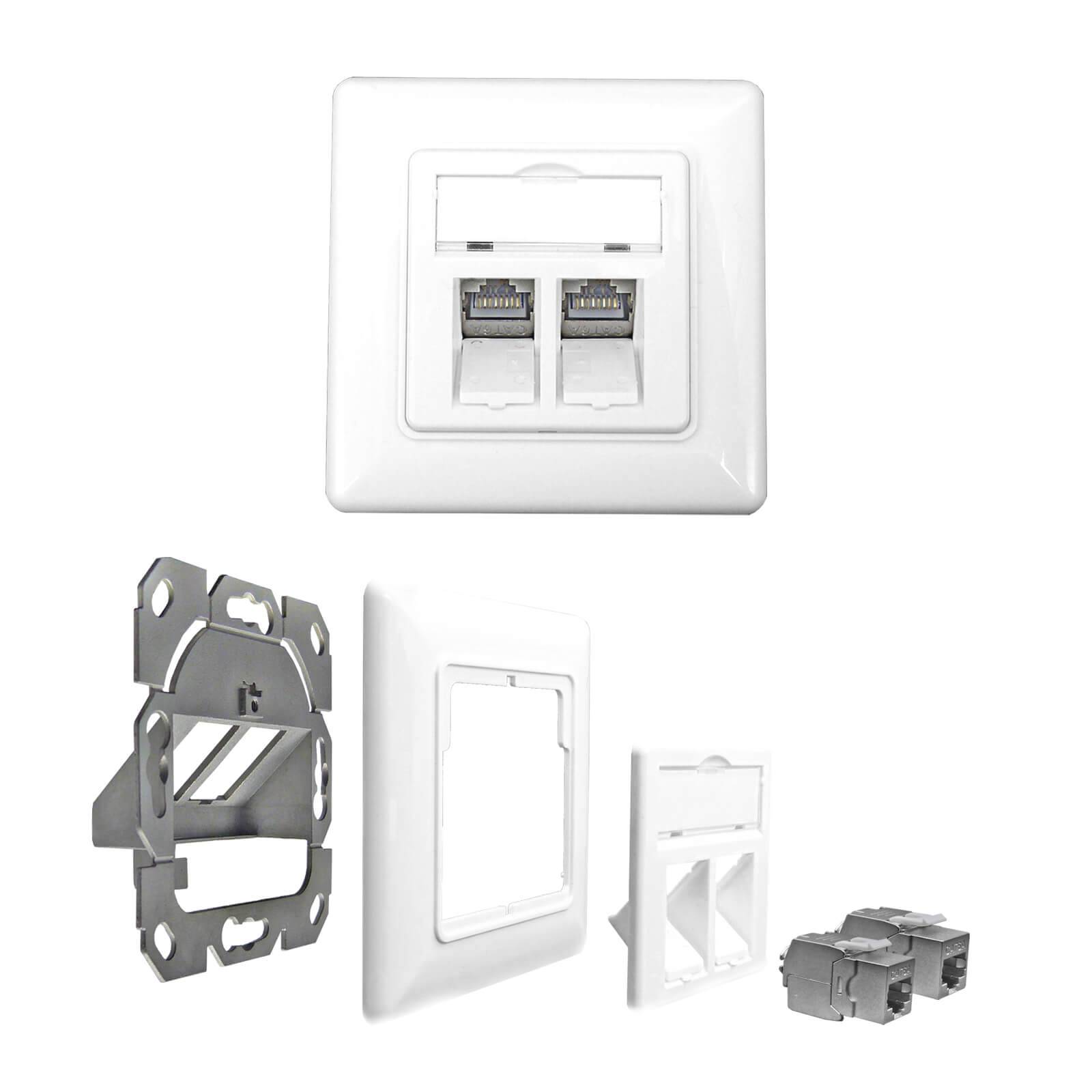 ProfiPatch Keystone Netzwerkdose LAN Dose Cat6A 500MHz Unterputz 2x RJ45 Port Anschluss POE CAT7,CAT6A,CAT6,CAT5 geschirmt weiß