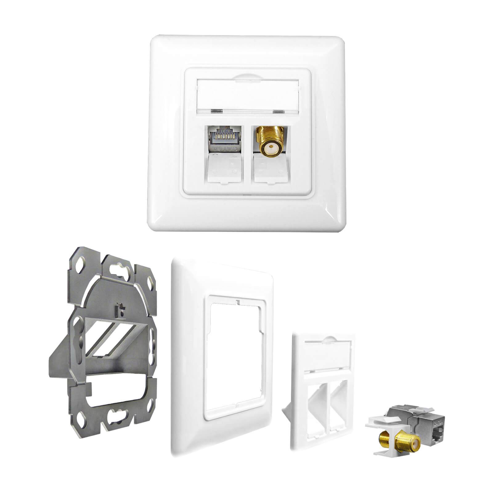 ProfiPatch Keystone Netzwerkdose LAN Dose Cat6A 500MHz Unterputz 1x RJ45 Port Anschluss + 1x F-Verbinder POE CAT7,CAT6A,CAT6,CAT5 geschirmt weiß