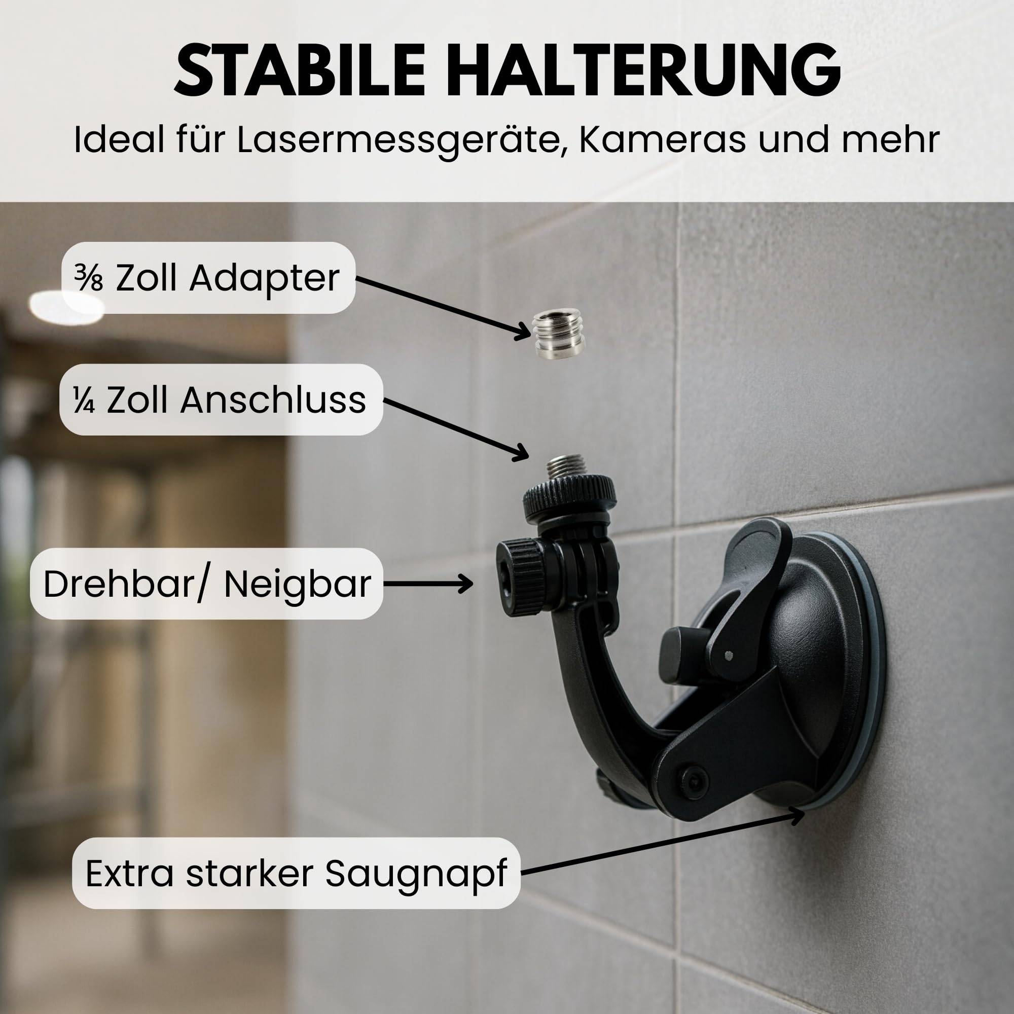 Saugnapf Halterung 1/4" + 3/8 Zoll" BauStativ Halter für Laser Nivelliergerät Linien & Kreuzlinienlaser Entfernungsmesser