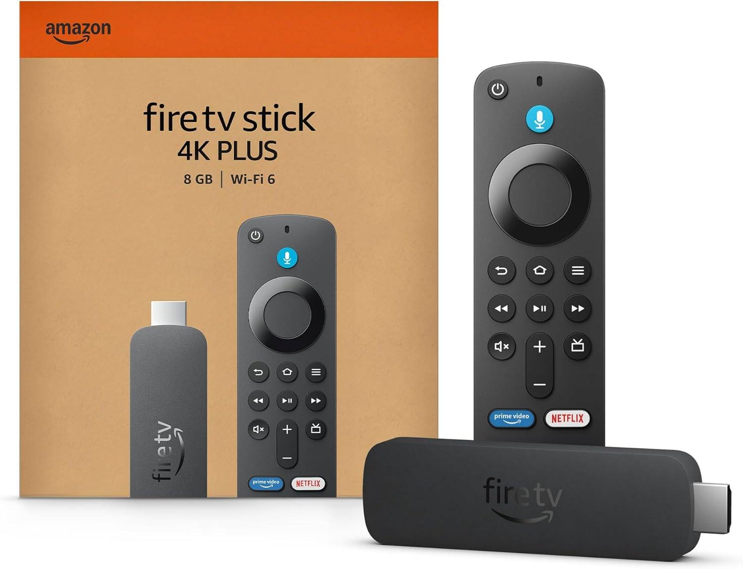 Ein Fire TV Stick 4K Plus Paket mit Fernbedienung. Die Funktionen umfassen „8 GB, Wi-Fi 6