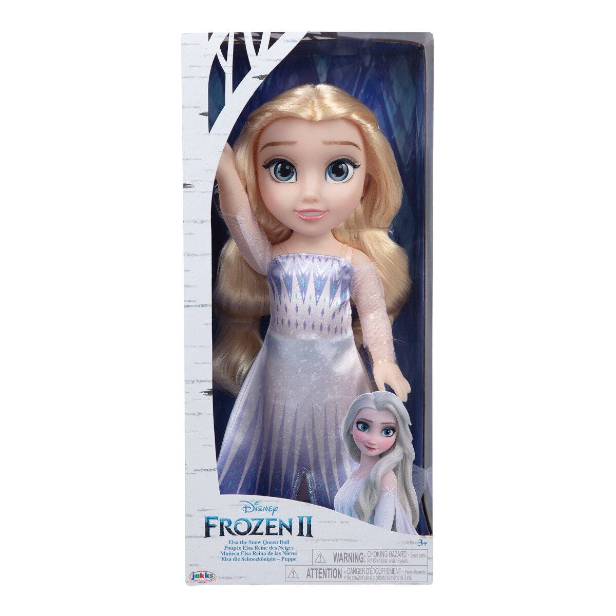 Eine Puppe in einer Schachtel aus dem Film 'Die Eiskönigin II', die ein glitzerndes Kleid trägt. Die Verpackung zeigt das Filmlogo und Charakterbilder.
