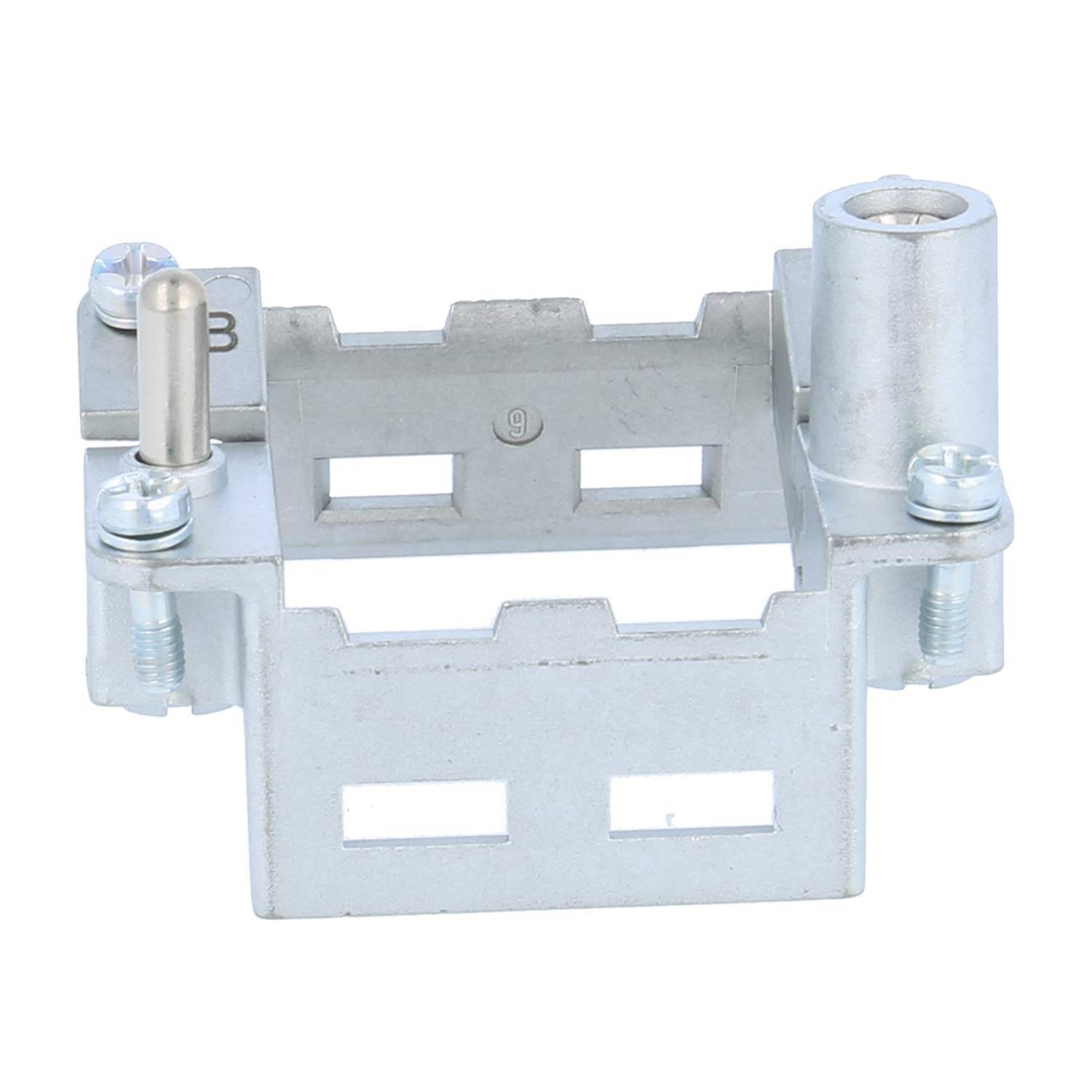 Metallhalterung mit Schrauben und zylindrischen Komponenten, wahrscheinlich zum Montieren oder Unterstützen von Hardware. Silberfinish mit industriellem Design.