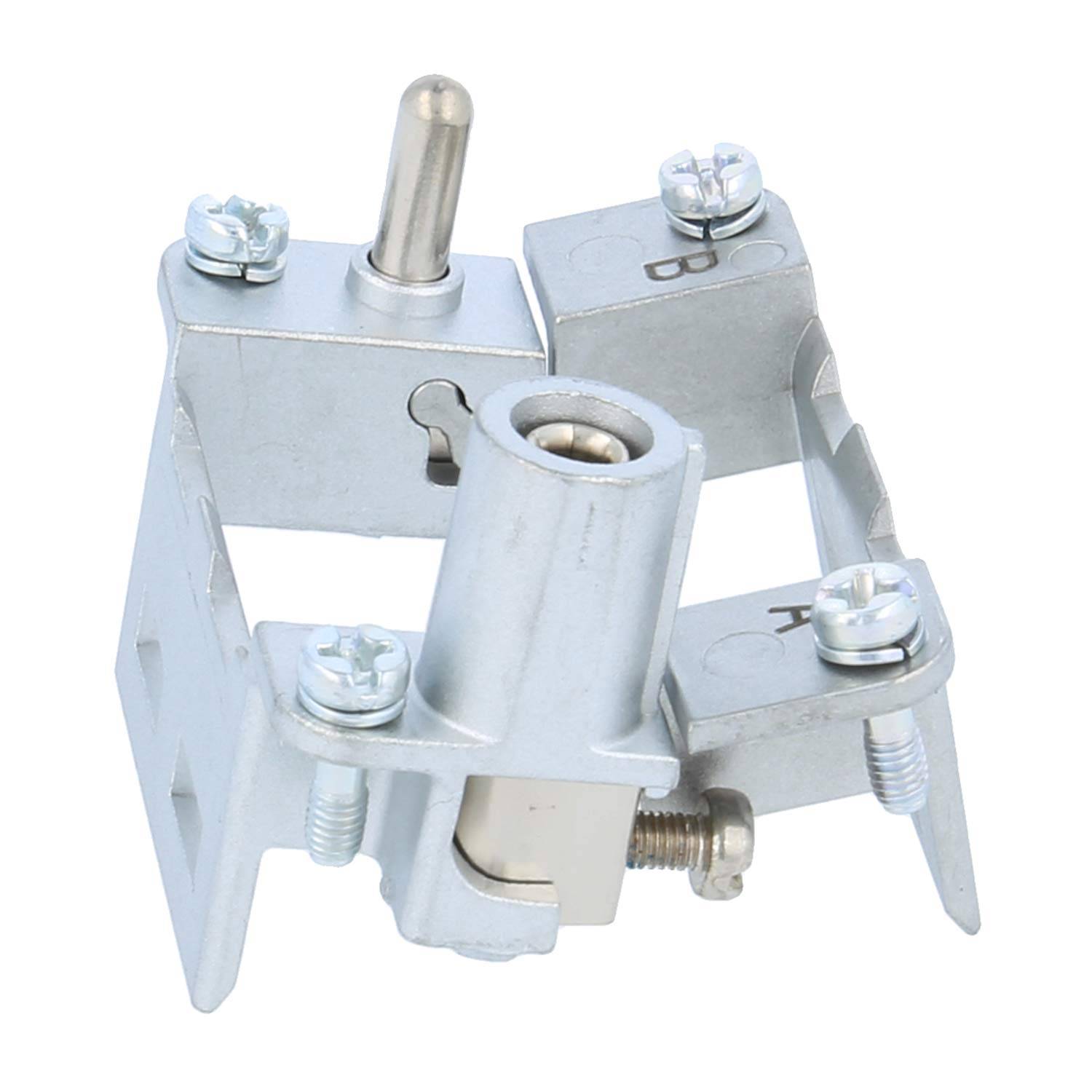 Metallische mechanische Verschlussanordnung mit Schrauben und Scharnier, verwendet zum Sichern oder Ausrichten von Komponenten in Maschinen- oder Hardwareaufbauten.