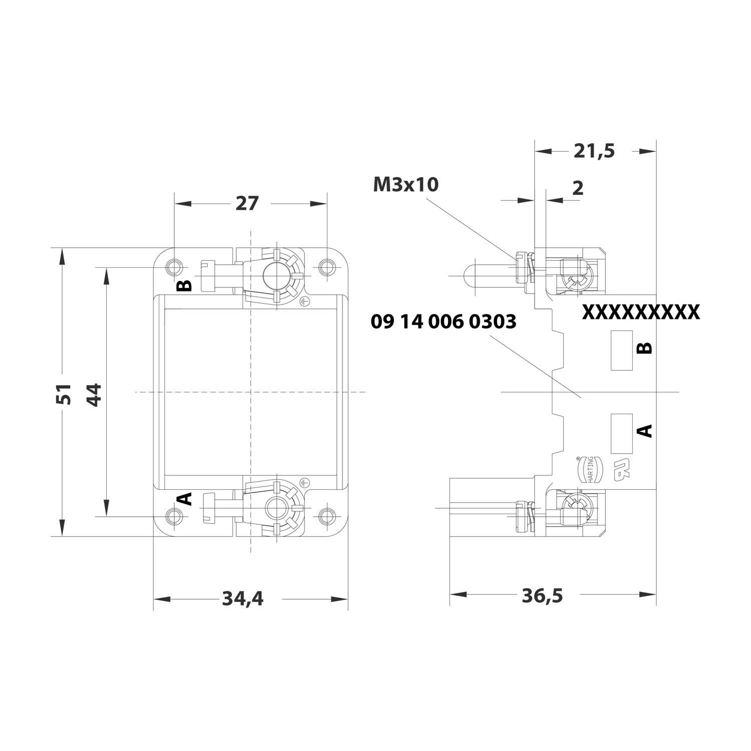HARTING Han Gelenkrahmen (M), Baugröße 6B Stift, für 2 Module Querschnitt PE 1mm² - 2,5mm² / 4mm² - 10mm²