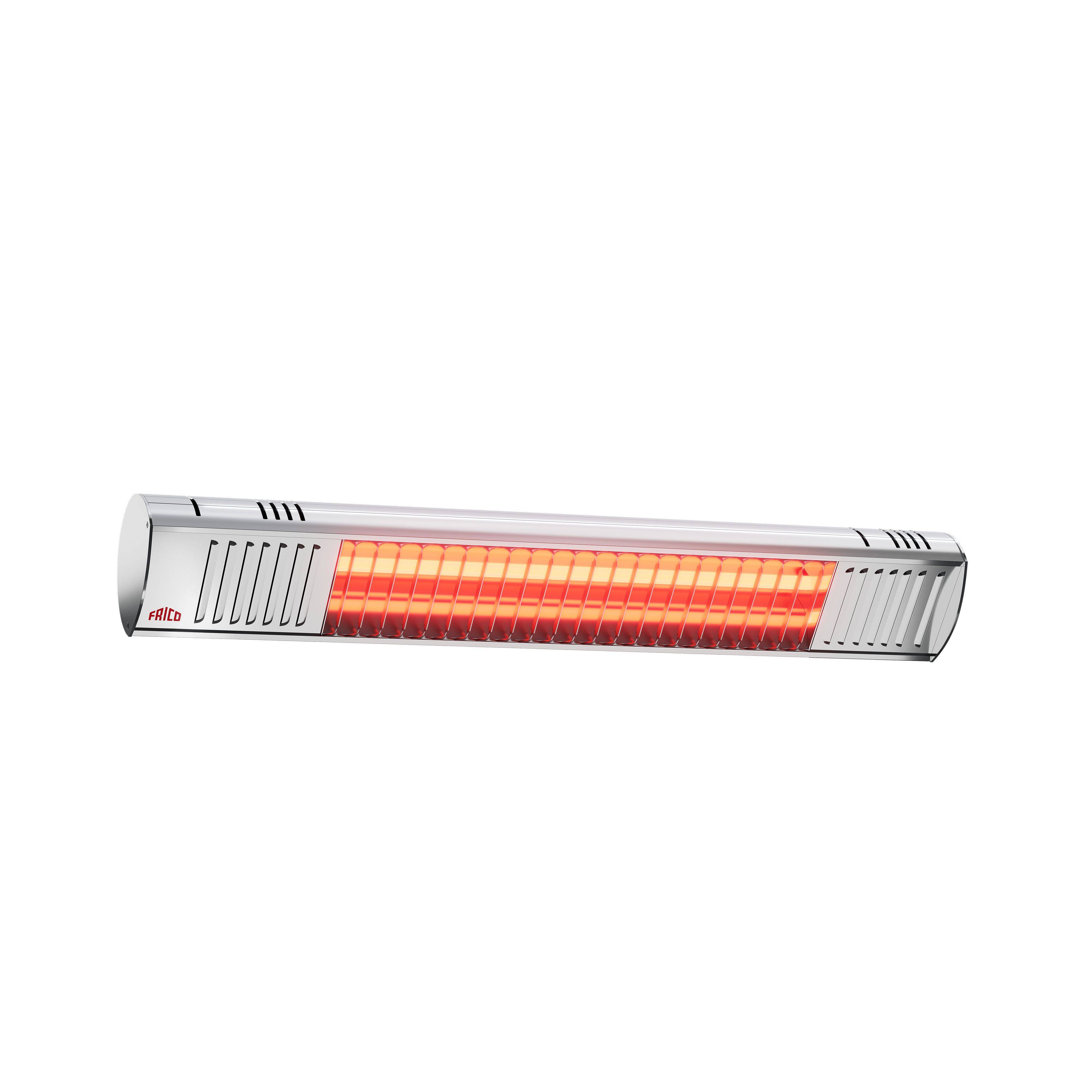Ein wandmontierter Infrarot-Heizstrahler mit einem glühend orangefarbenen Heizelement, geeignet für den Außenbereich.