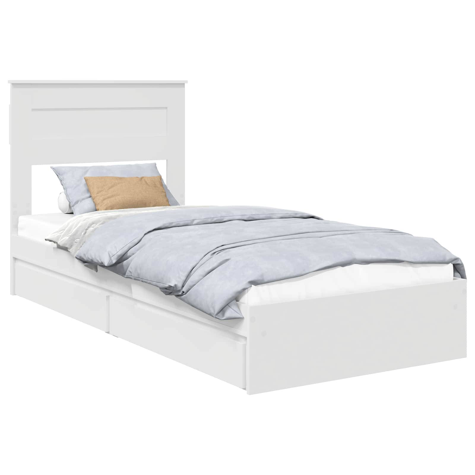 Ein weißes Einzelbett mit Kopfteil, grauer Bettwäsche und einem beige Akzentkissen.
