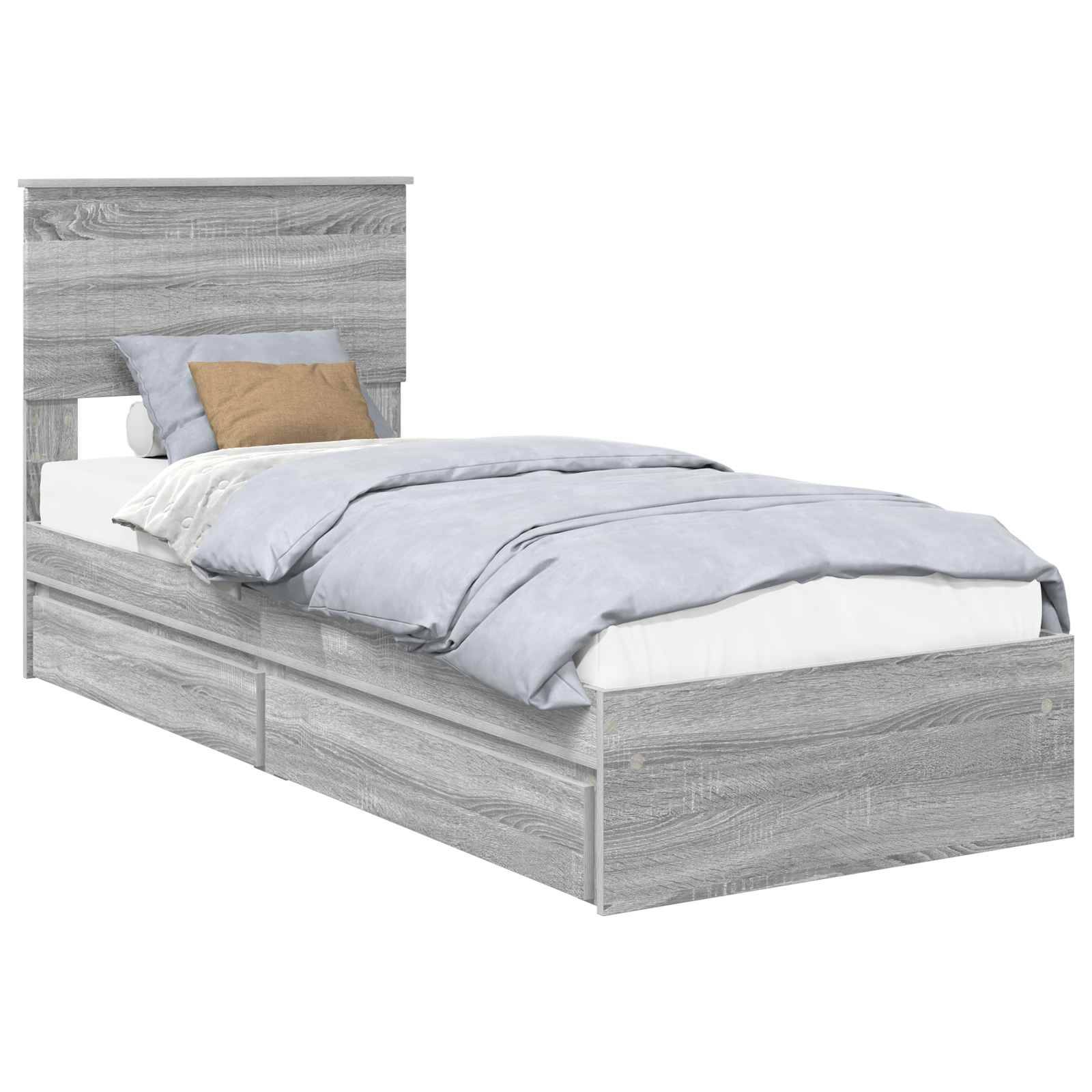 Graues Holz-Doppelbett mit Kopfteil, ausgestattet mit einer hellblauen Bettdecke, weißen Laken und einem braunen Zierkissen.