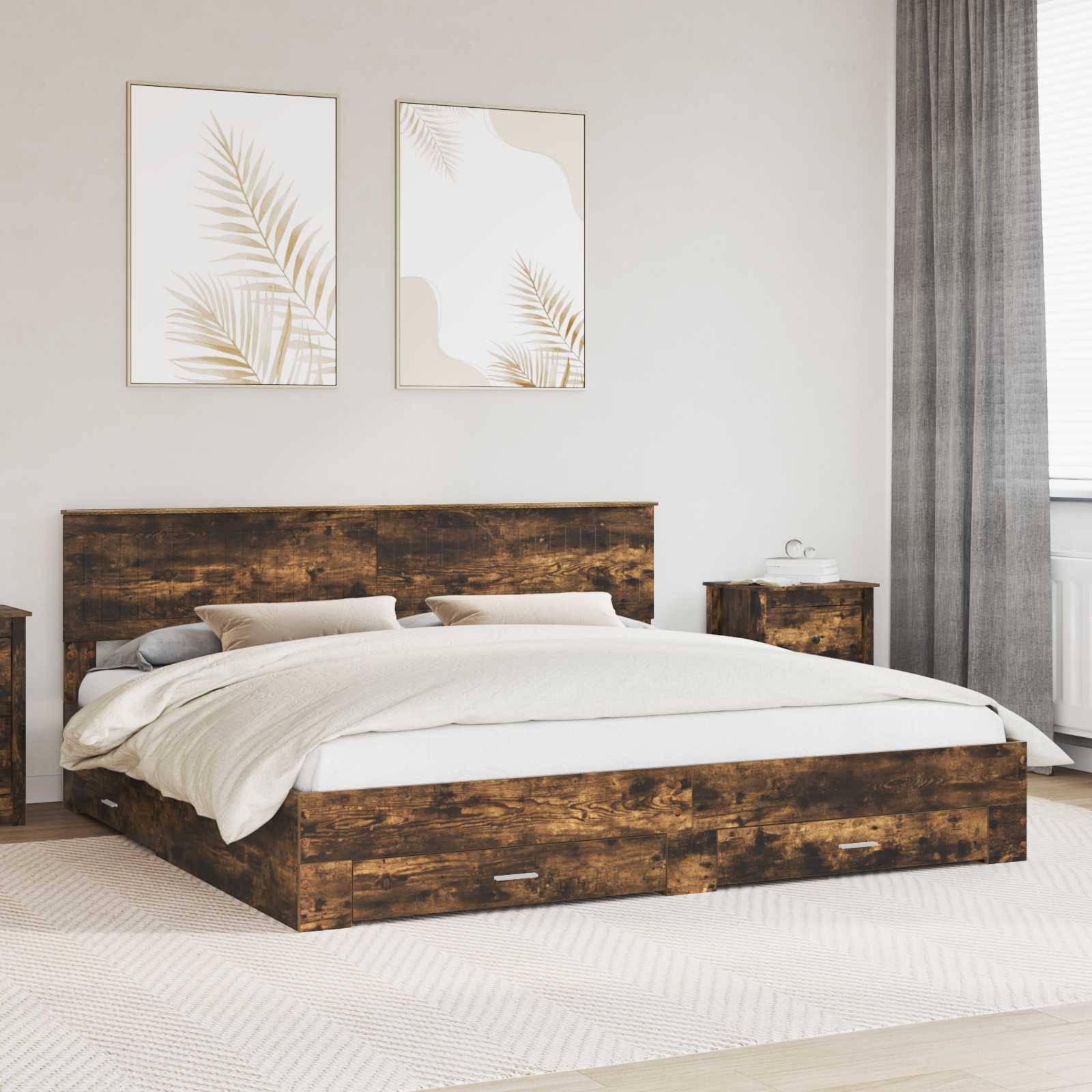 vidaXL Bettrahmen mit Schubladen Raucheiche 200 x 200 cm Holzwerkstoff