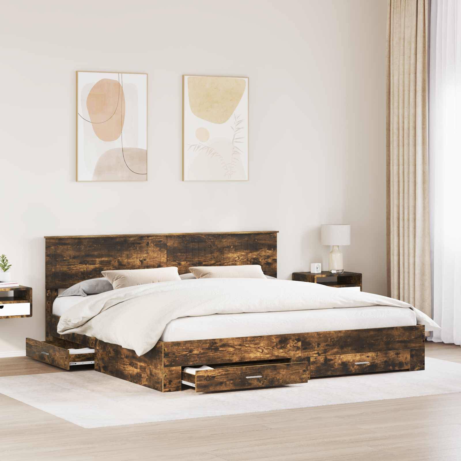 vidaXL Bettrahmen mit Schubladen Raucheiche 200 x 200 cm Holzwerkstoff