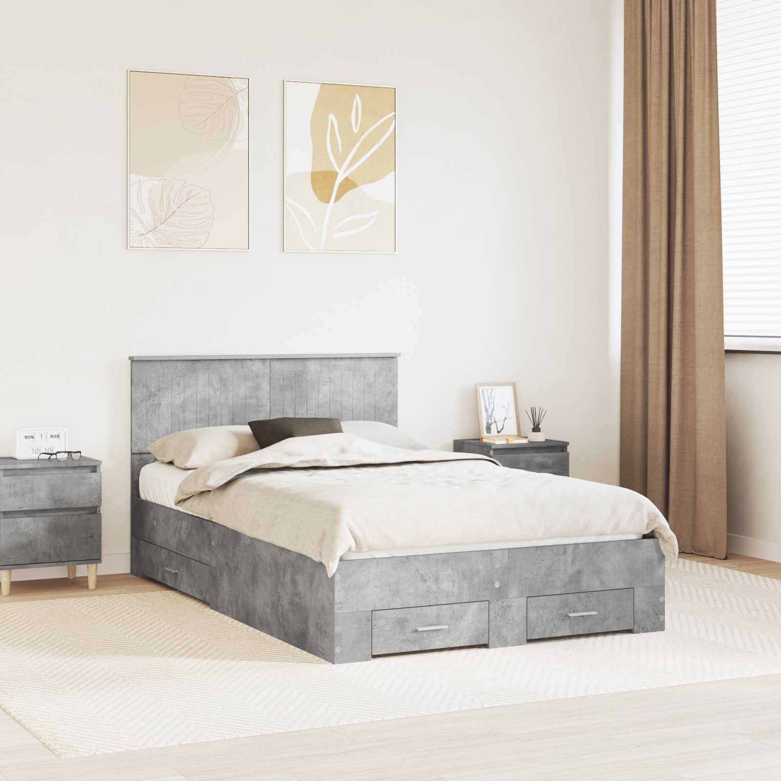 vidaXL Bettrahmen mit Schubladen Betongrau 120 x 190 cm Holzwerkstoff