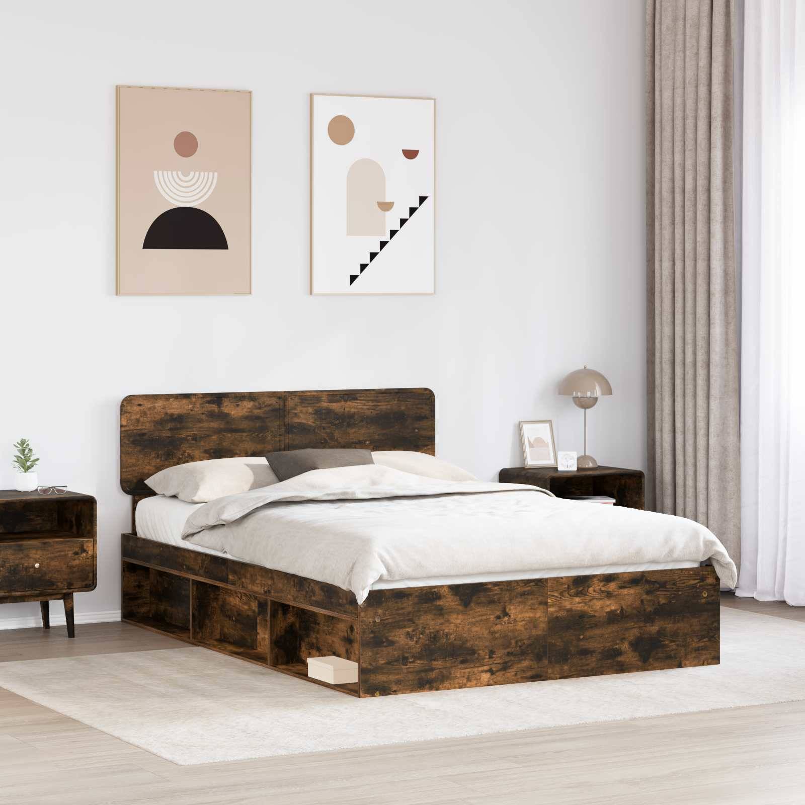vidaXL Bettrahmen Geräucherte Eiche 140 x 190 cm Massives Kiefernholz