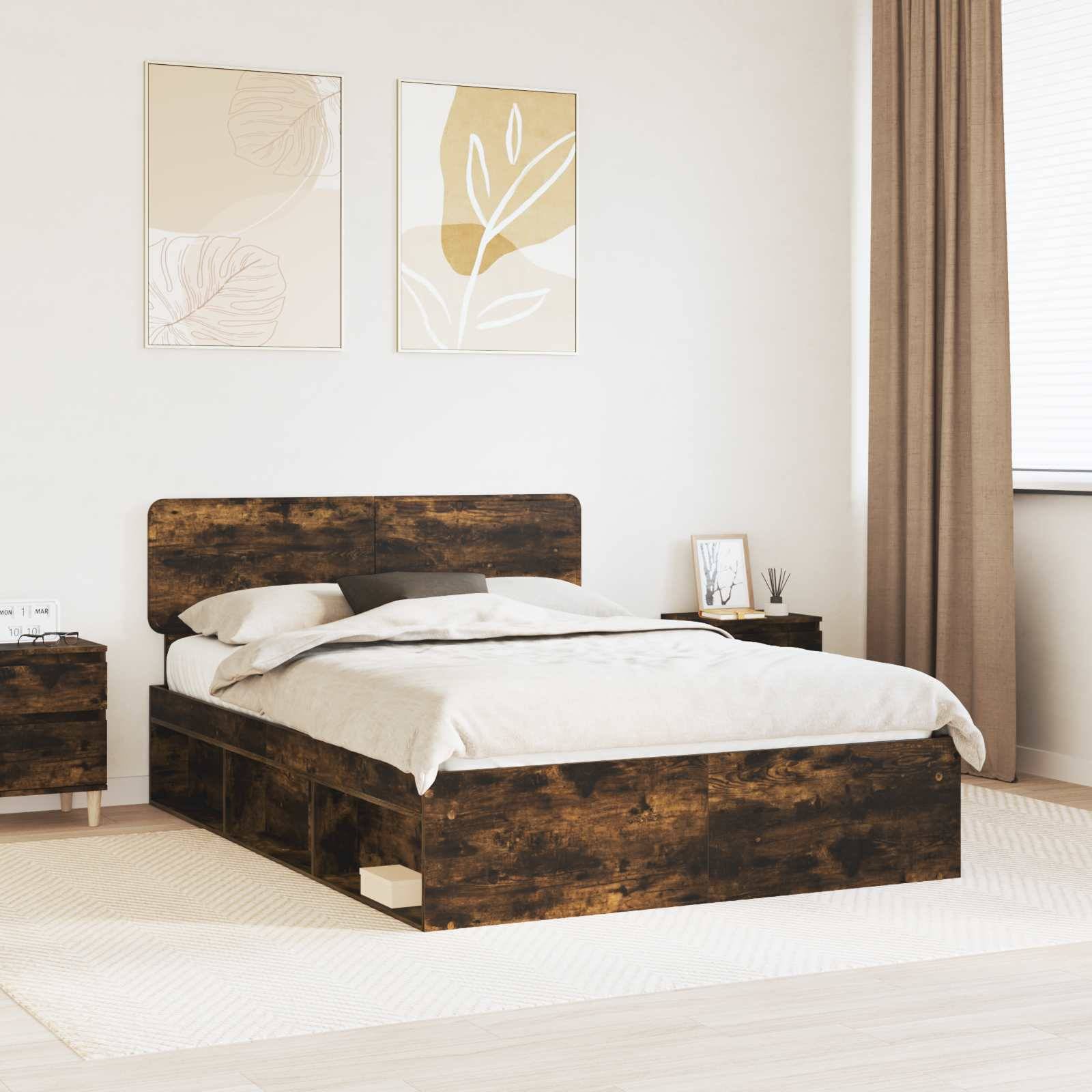 vidaXL Bettrahmen Geräucherte Eiche 140 x 190 cm Massives Kiefernholz
