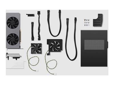 Computerkomponenten, die auf einer Oberfläche angeordnet sind, einschließlich Lüfter, Kabel, Schrauben und Teilen eines Gehäuses, die einen PC-Aufbau veranschaulichen.