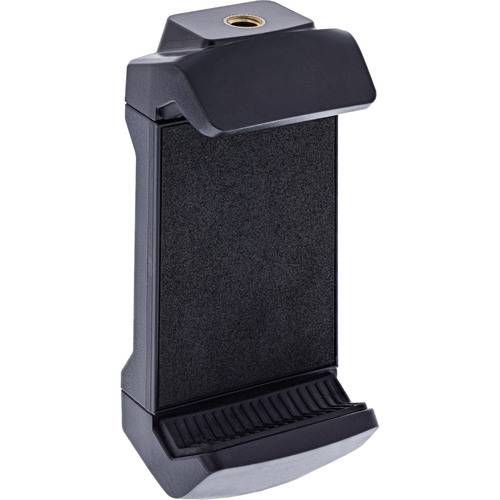 Ein schwarzer Smartphonehalter mit verstellbarem Griff und einer Stativaufnahme oben.