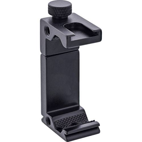 Eine schwarze Metall-Kamera-Blitzschuh-Halterung mit verstellbarer Klemme und Stellschraube, entwickelt zum Anbringen von Zubehör an Kameras oder Stative.