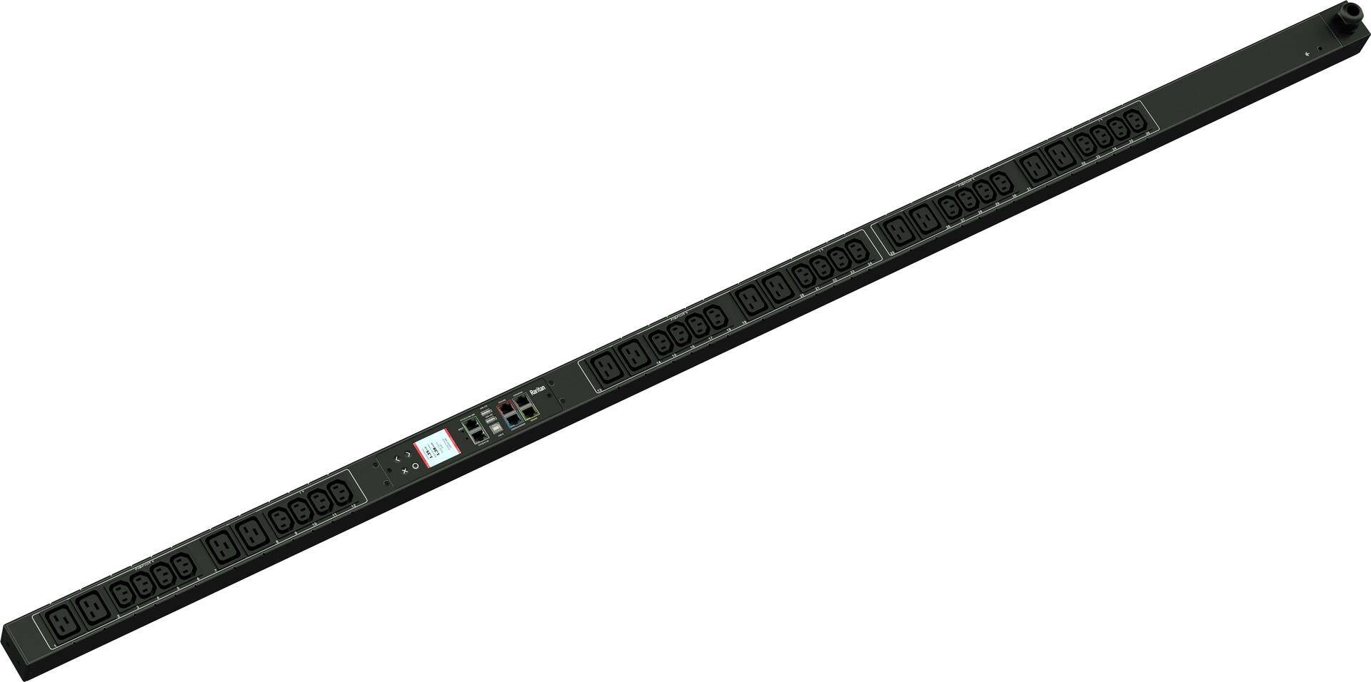 Eine schwarze Stromverteilungseinheit mit mehreren Anschlüssen und Kontrollpanels, die zur Verwaltung der elektrischen Energie in Rechenzentren oder Serverracks verwendet wird.