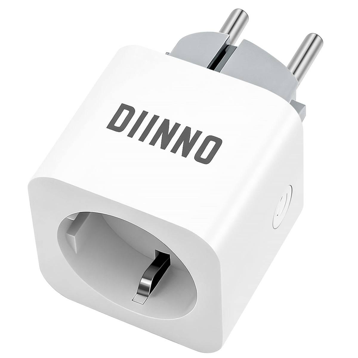 Ein weißer Steckdosenadapter mit dem Markennamen 'DIINNO', der auf dem Adapter aufgedruckt ist und zwei runde Stifte sowie eine universelle Steckdosenbuchse aufweist.