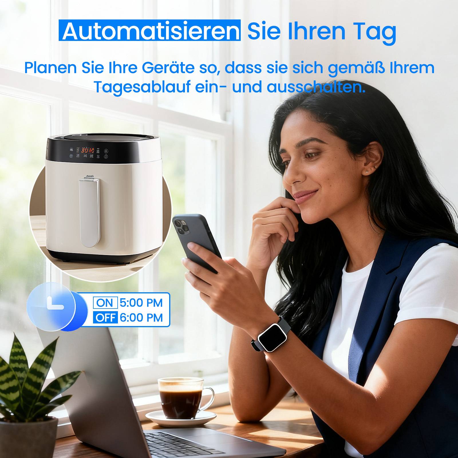 Eine Frau sitzt an einem Tisch und verwendet ein Smartphone und trägt eine Smartwatch. Der Text im Bild sagt 