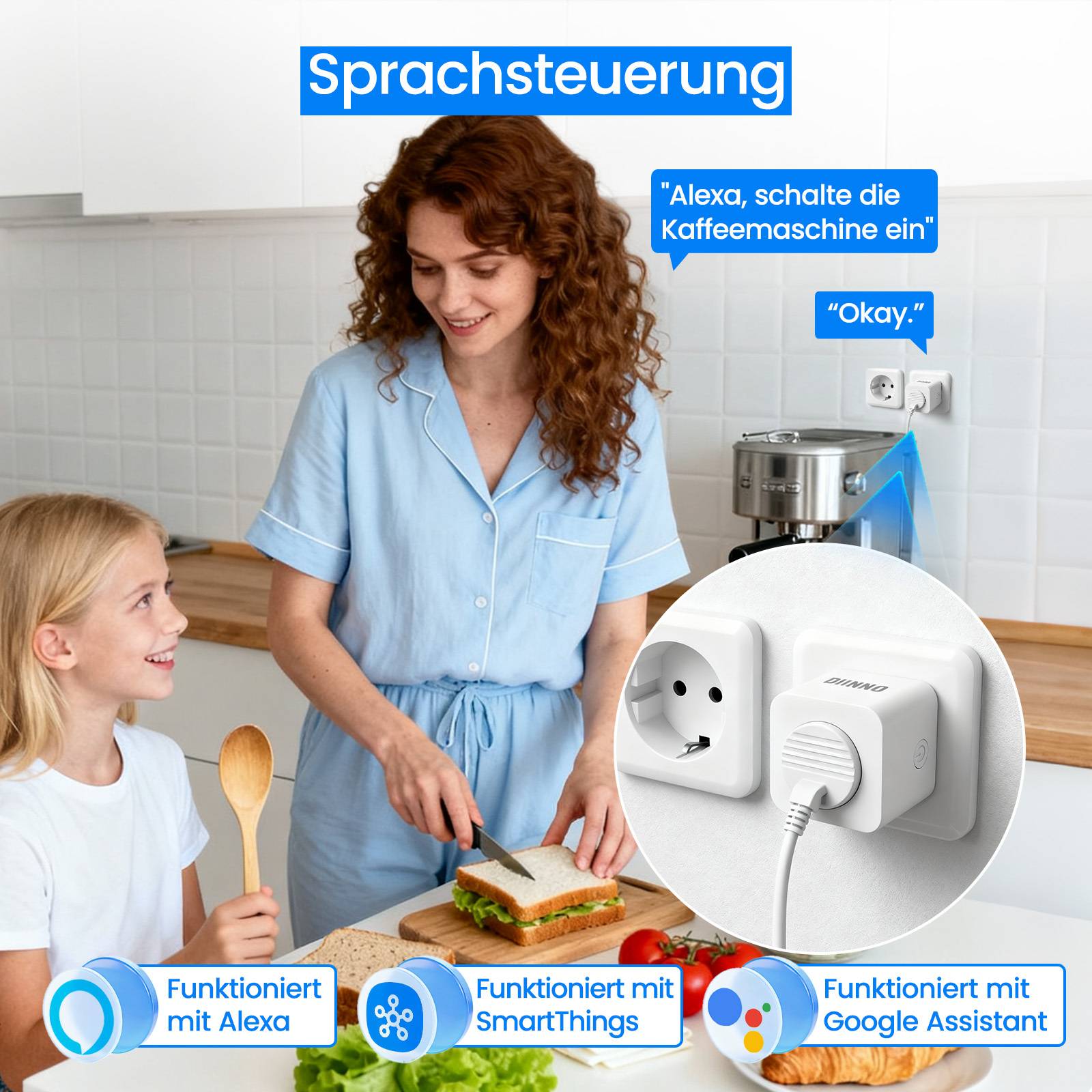 Eine Frau in einem blauen Kleid hilft einem jungen Mädchen in der Küche. Sie nutzen einen Smart Plug für sprachgesteuerte Geräte.