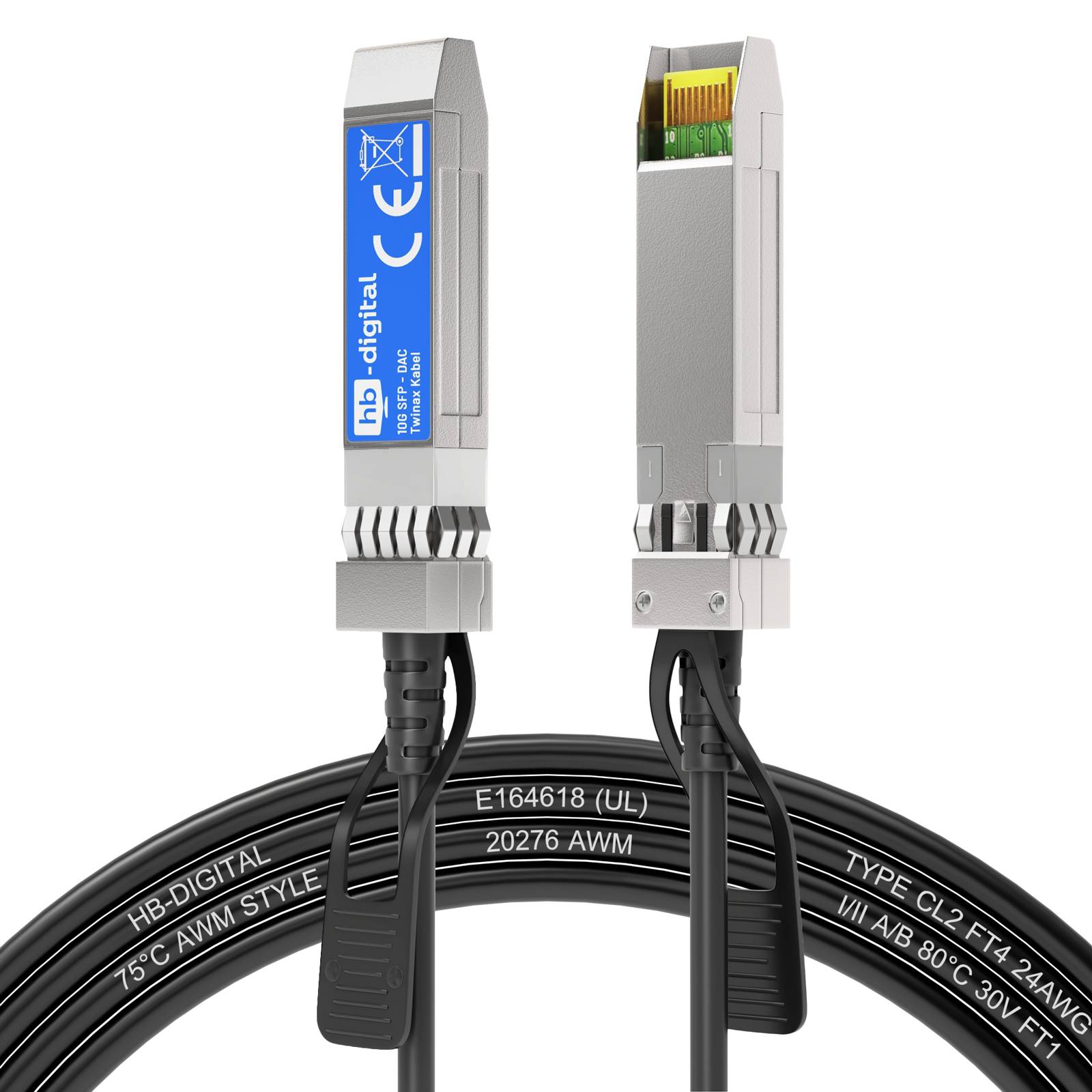 Zwei Ethernet-Kabelstecker für Industrieanwendungen an einem schwarzen Kabel, gezeigt in Frontal- und Seitenansicht, mit einem Ende gekennzeichnet als 