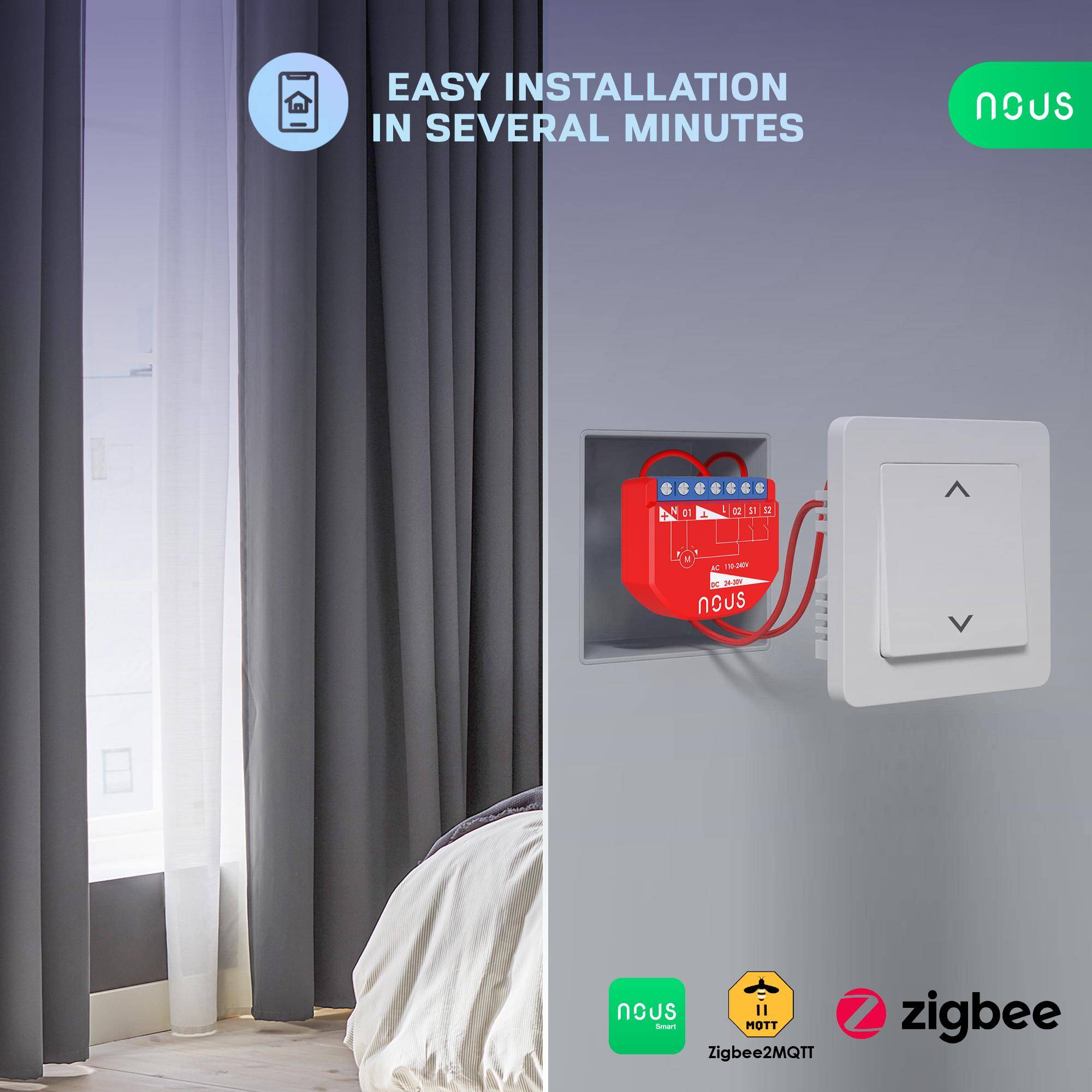 Nous B4Z, Smartes Steuerungsmodul für Rolläden / Garagen, ZigBee, Home Assistant, 16A, 24-30VDC