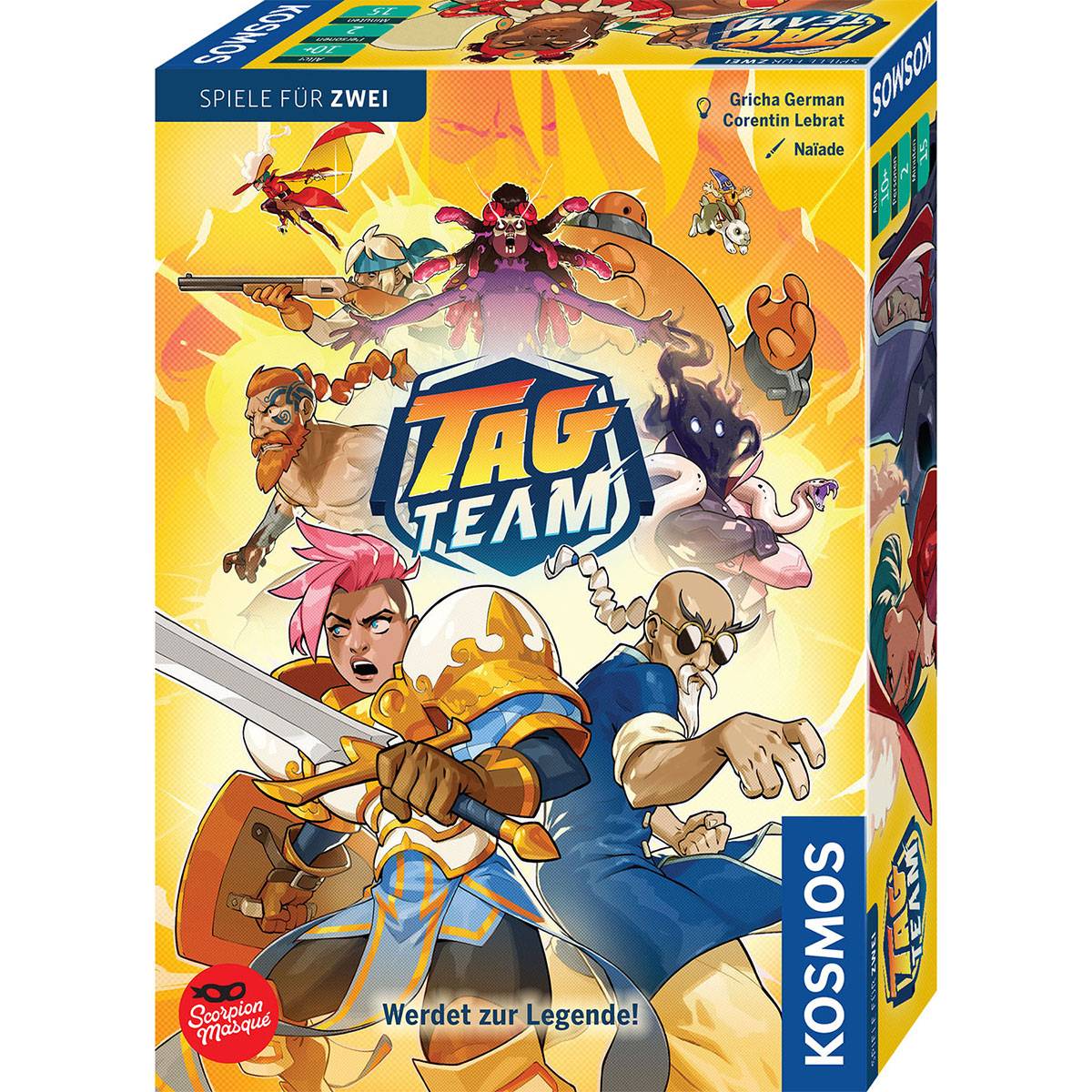 Tag Team' Brettspiel-Spieleschachtel mit Fantasy-Charakteren in Aktionsposen, auf der der Text 'Spiele für Zwei' und 'Werdet zur Legende!' zu sehen ist.
