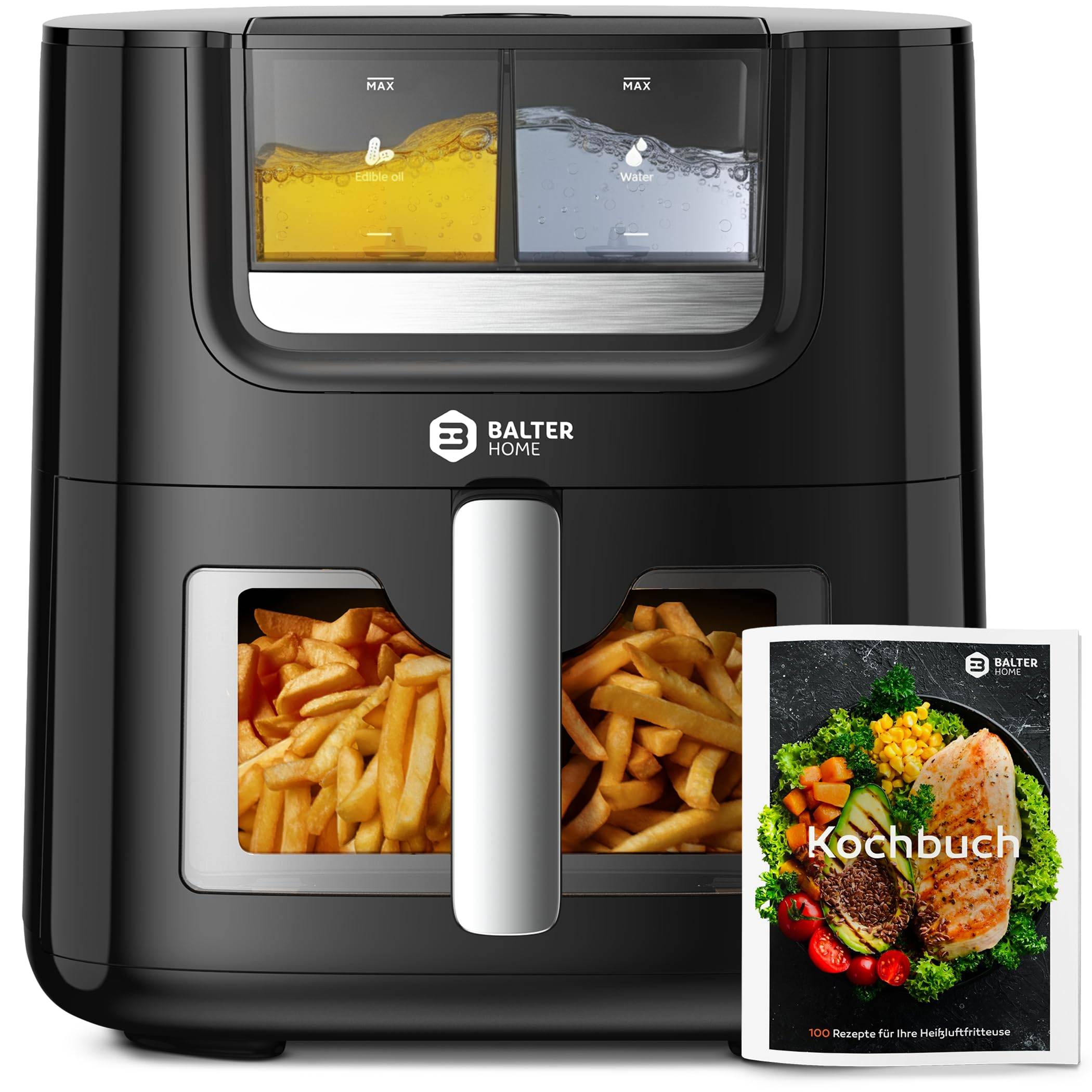 Balter Heißluftfritteuse Airfryer Öl- & Wasser-Spray Funktion 7,2L XXL, Heissluftfriteuse, Sichtfenster inkl. 100 Rezepte, HL-710