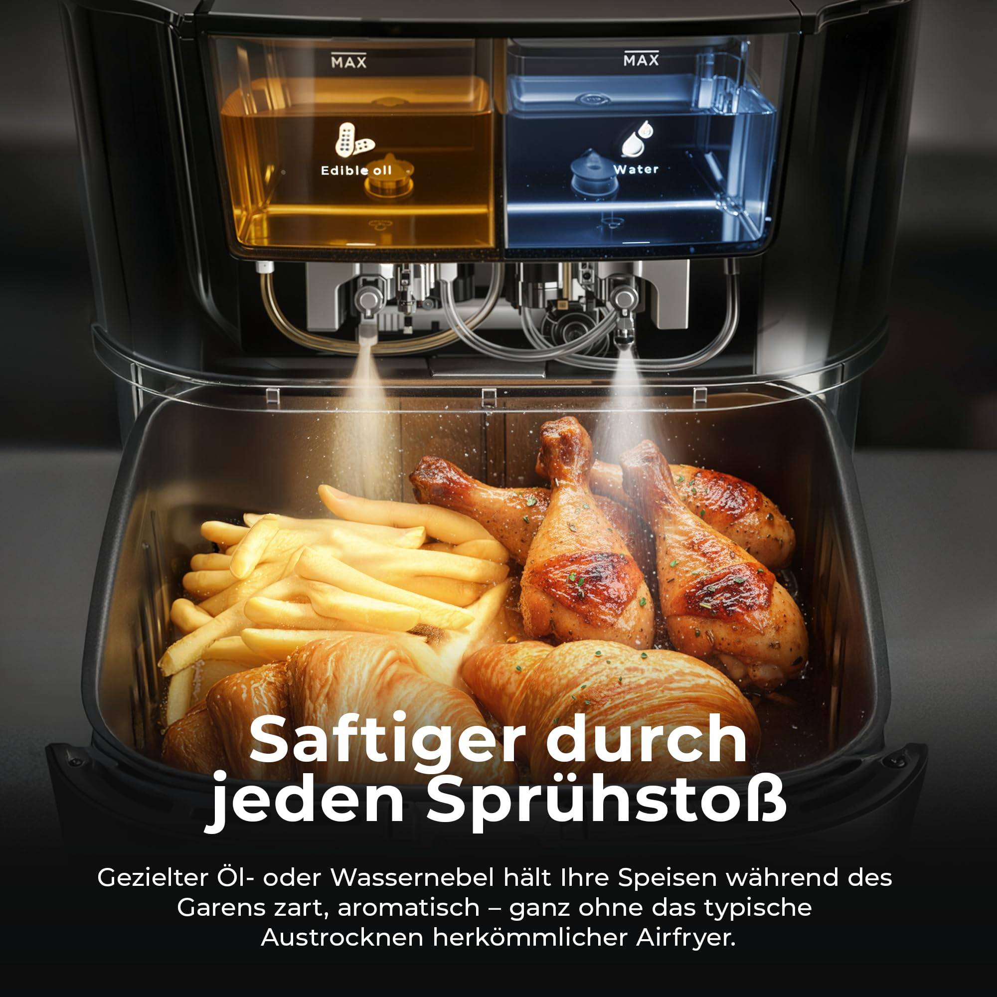 Balter Heißluftfritteuse Airfryer Öl- & Wasser-Spray Funktion 7,2L XXL, Heissluftfriteuse, Sichtfenster inkl. 100 Rezepte, HL-710