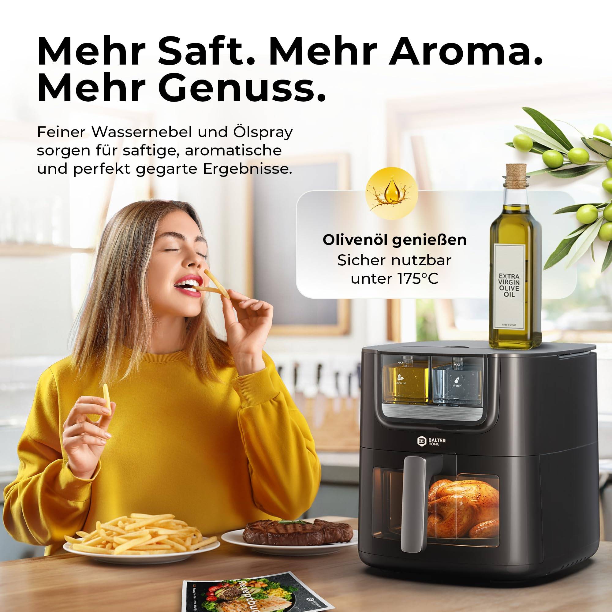 Balter Heißluftfritteuse Airfryer Öl- & Wasser-Spray Funktion 7,2L XXL, Heissluftfriteuse, Sichtfenster inkl. 100 Rezepte, HL-710