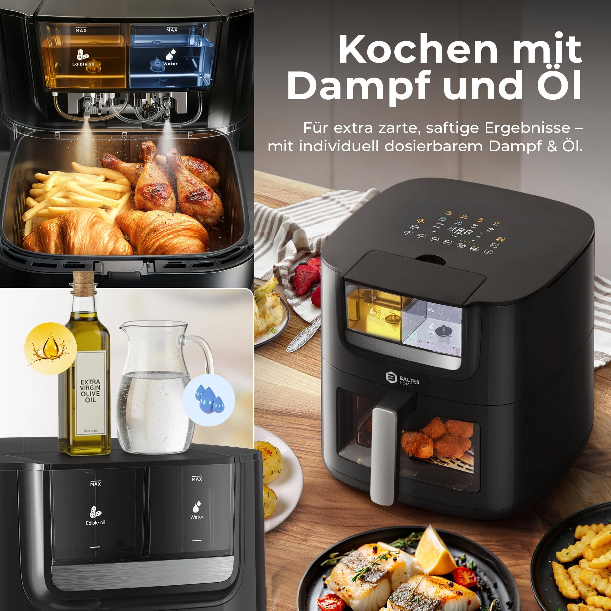 Balter Heißluftfritteuse Airfryer Öl- & Wasser-Spray Funktion 7,2L XXL, Heissluftfriteuse, Sichtfenster inkl. 100 Rezepte, HL-710