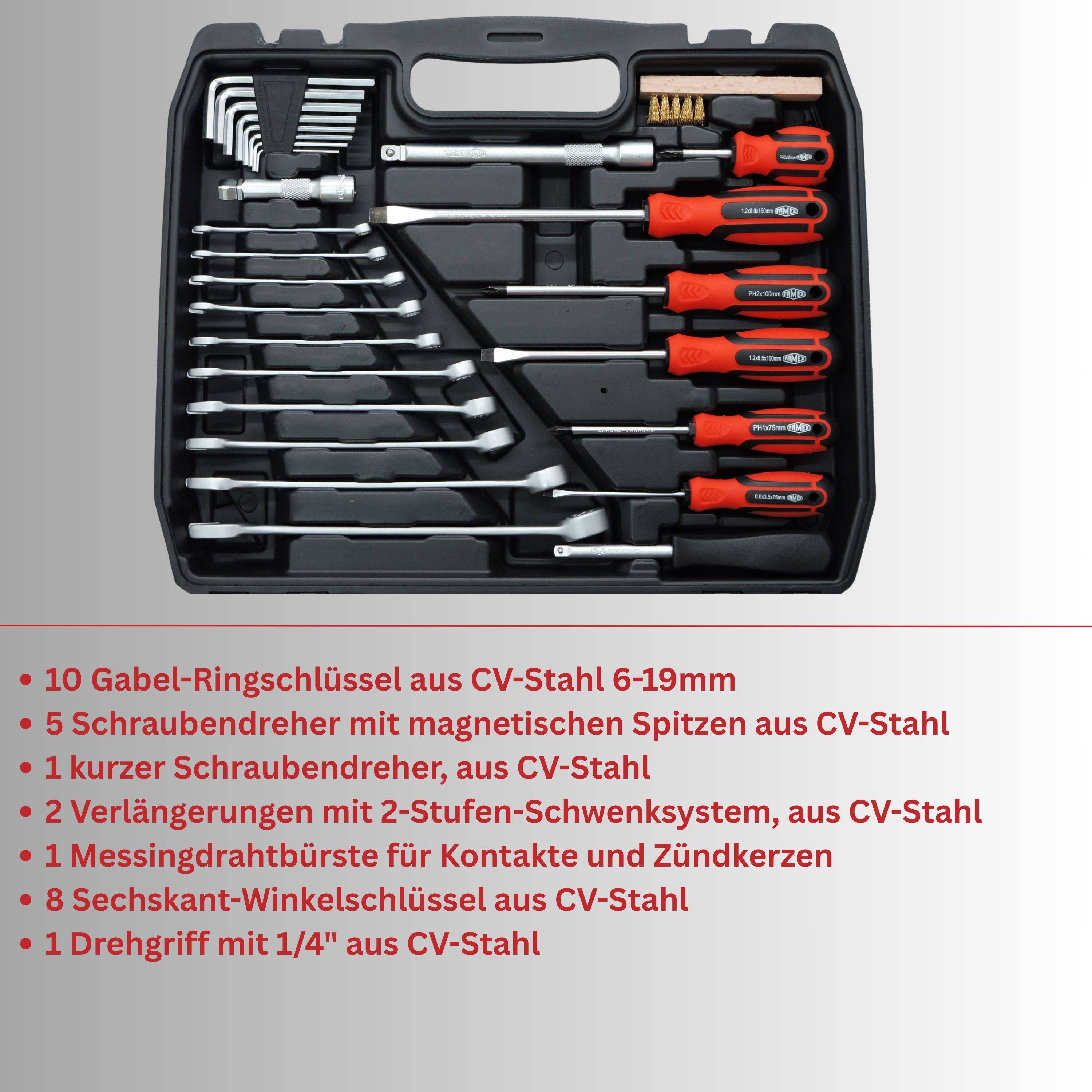 Ein Werkzeugsatz mit Schraubenschlüsseln, Schraubenziehern, Verlängerungen und einer Drahtbürste, gekennzeichnet mit Größen und Konstruktionsmaterial: CV-Stahl.