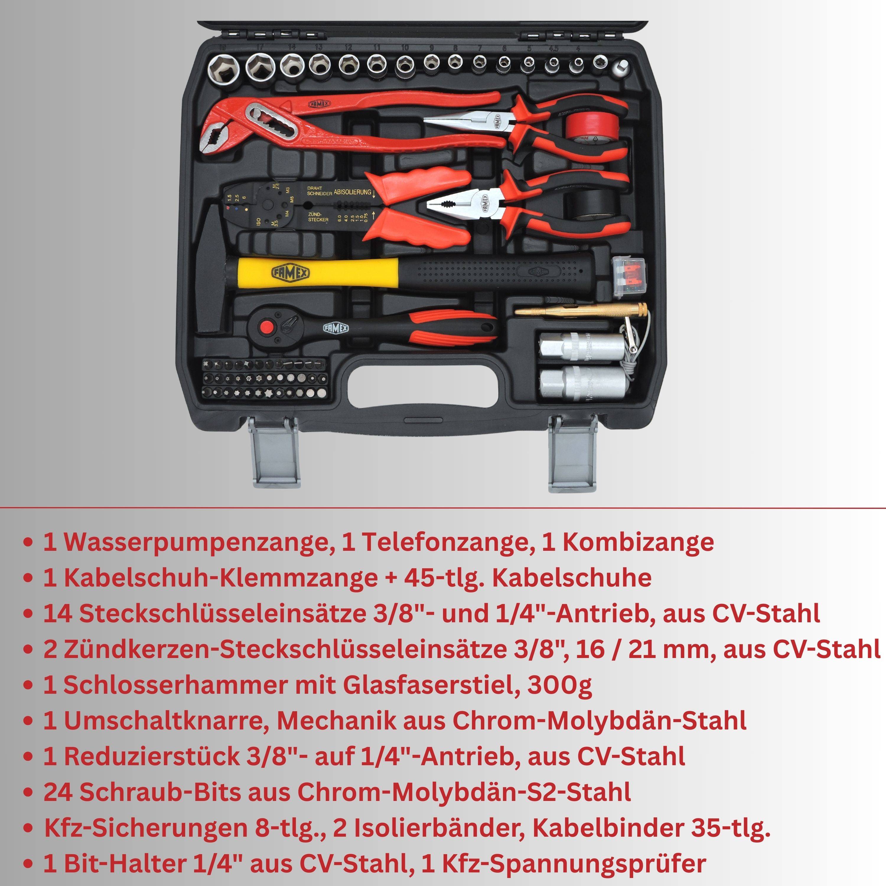 Eine Werkzeugausrüstung mit Sortimenten von Steckschlüsseln, Zangen und Schraubenschlüsseln, die in einem schwarzen Koffer organisiert sind, wird gezeigt, mit einer roten Liste, die 12 Werkzeugausrüstungsgegenstände detailliert aufführt.